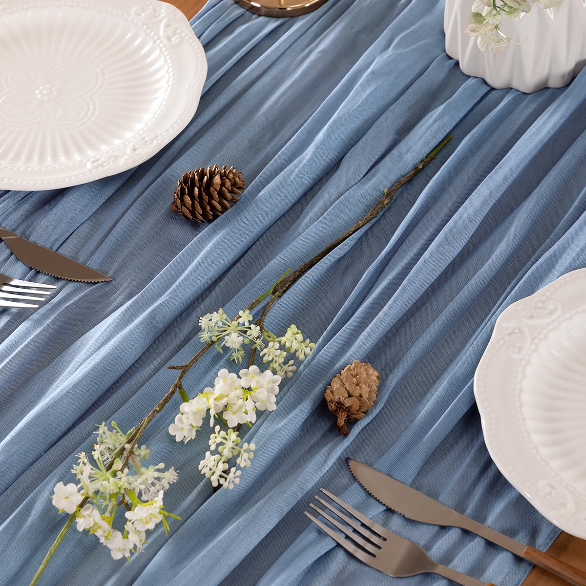 LINXTAR Dusty Blue Table Runner Cheesecloth Table Runner 10 Pack 10FT Rustic Table Runners 35 x 122 Inches Boho Decoration for Home Wedding Baby Shower Birthday Party