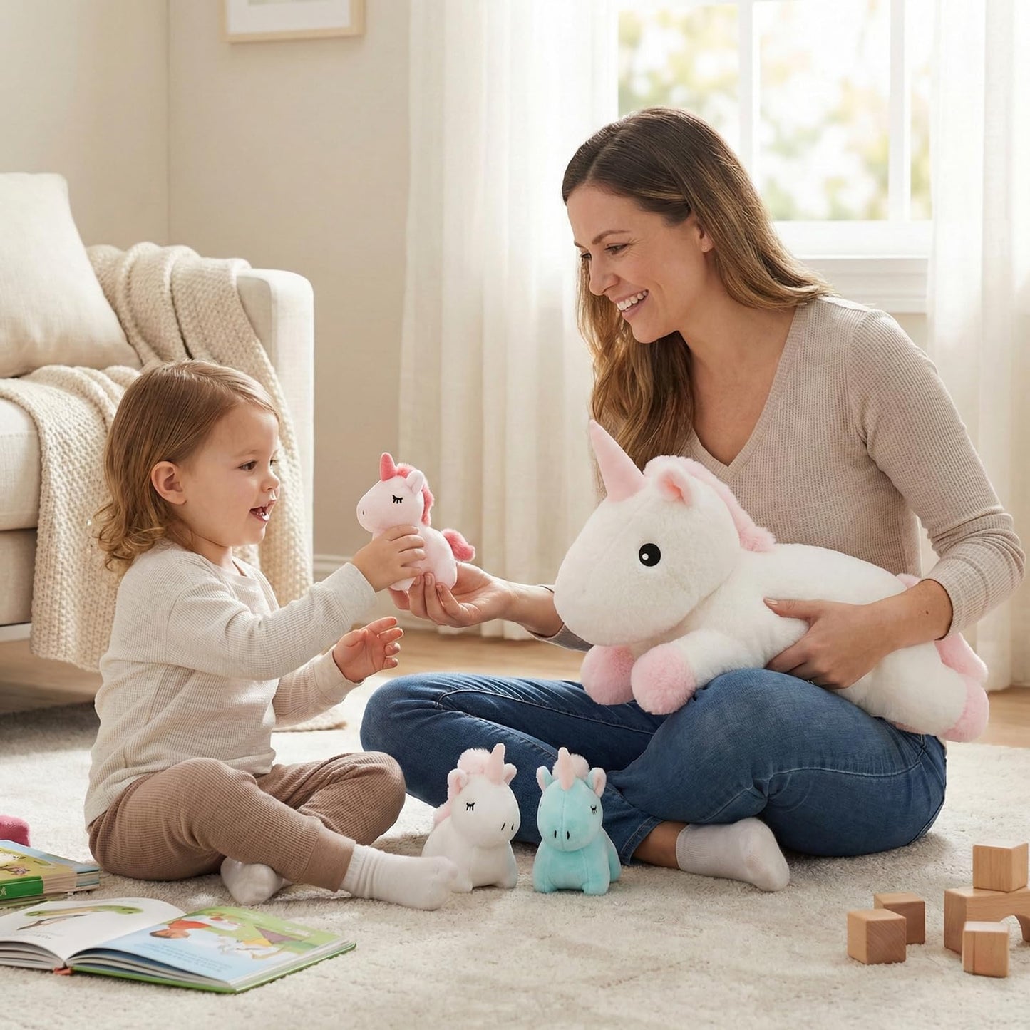WEIGEDU Unicorn Mother and Kids Plush Toy Stuffed Animals - 4 in 1 Plush Mommy Unicorn PlaySet with 3 Babies Unicorns, Set of 4, 18 inches