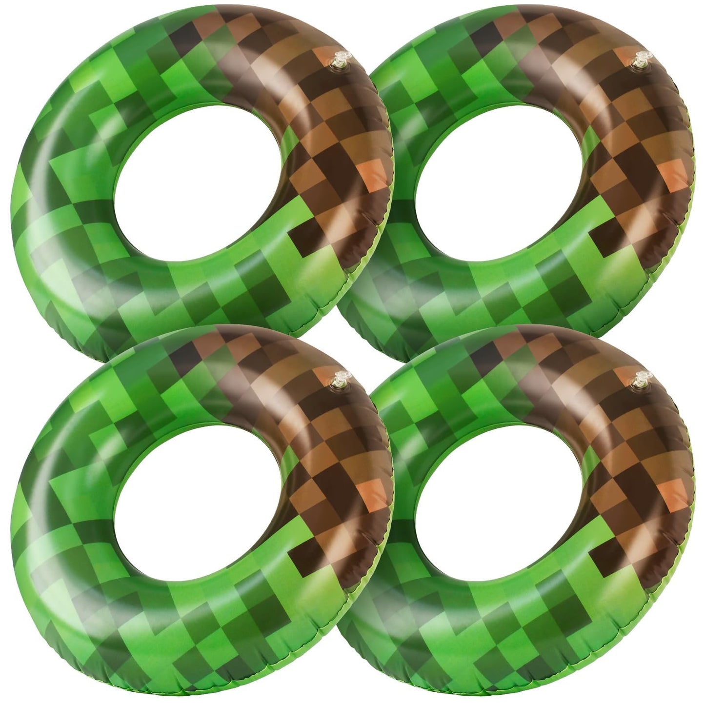4 Pcs Pixel Party Pool Floats, 24 Inch Green Pixel Art Swim Rings for Kids Ages 5-8 Pool Tube, Inflatable Pool Toys for Hawaiian, Beach, Water Park Fun