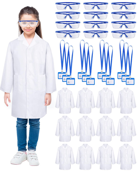 Xtinmee 12 Sets 36 Pcs Kids Lab Coat Set Halloween Doctor Costume with Goggles ID Card Kit Science Dentist Doctor Dress Up (Large)