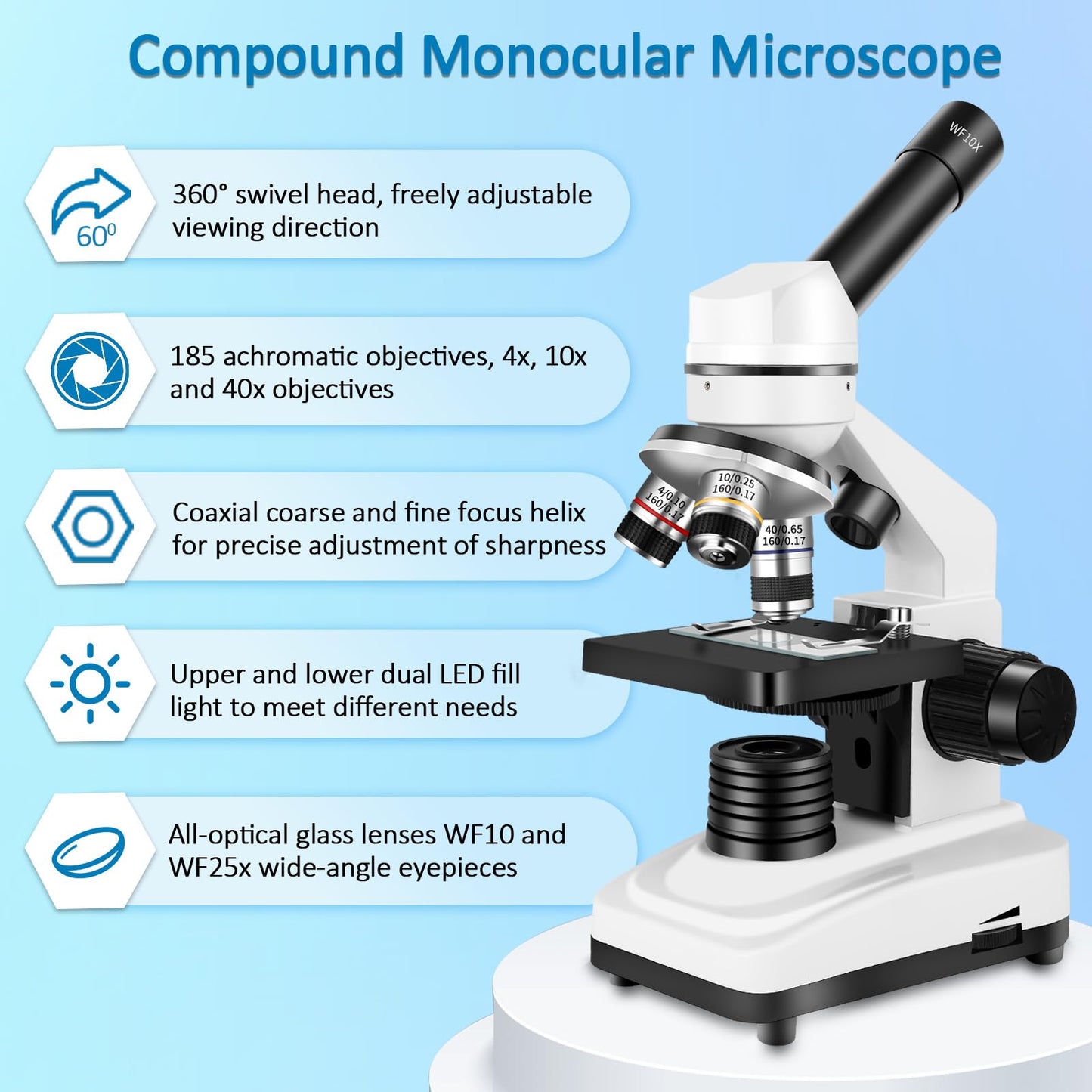 Herwicm Microscope for Adults 40x-2000x Compound Microscope with Dual LED Illumination for School, Home, Lab, Beginners