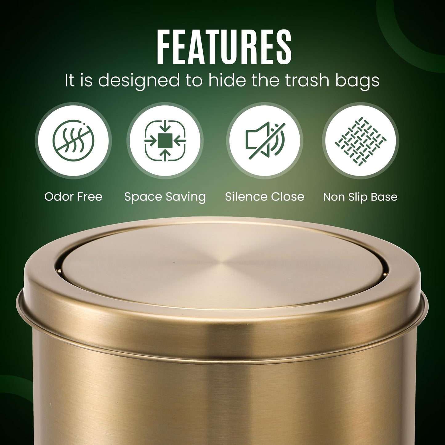 Gold Trash Can | Bathroom Garbage Bin with Lid | 5L Small Metal Wastebasket | Stainless Steel Rubbish Can | Non Slip Base | Simple Human Garbage Can | Office Wastebasket |