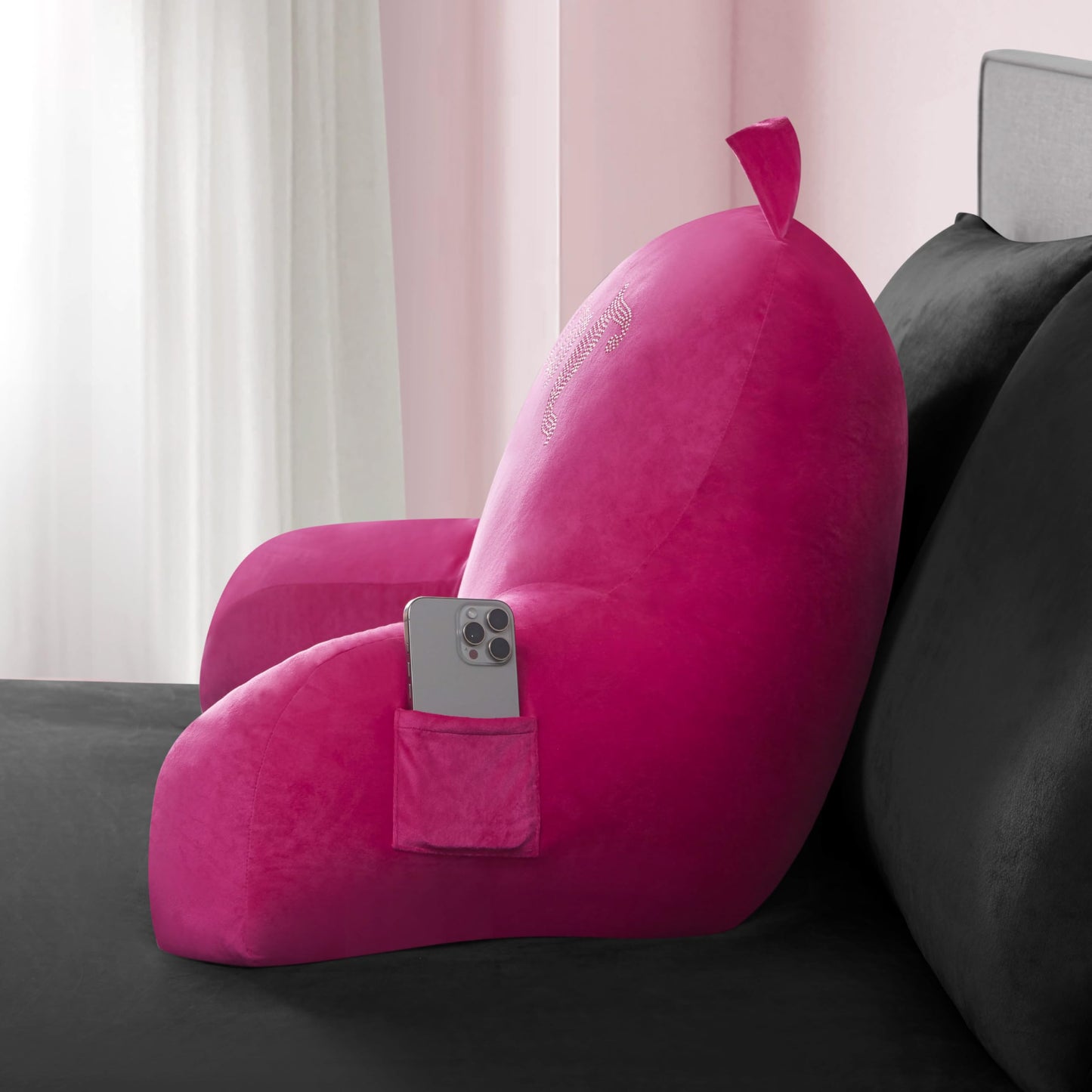 Juicy Couture Velour Backrest Pillow with Rhinestone Juicy Logo - 30"x17", Hot Pink Supportive Bed Rest Pillow for Reading, Gaming, or Relaxing