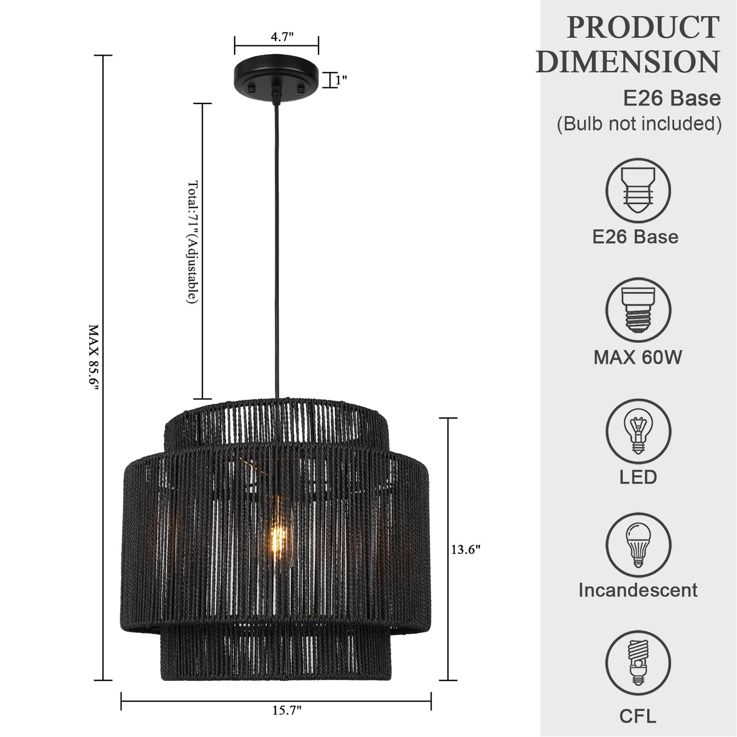 Rosient 16 Inch Large Natural Simple Hand Weaved Rattan Pendant Lamp, Coastal Beach Black Rope Hanging Pendant Light Fixture for Dining Room Living Room Bedroom Kitchen Foyer