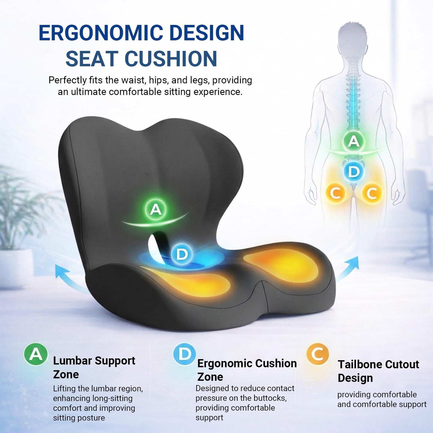 TryWalk Ergonomic Seat Cushion Set with Lumbar Support Pillow, High-Density Memory Foam Cushion with Non-Slip Base, Posture Support Cushion for Office Chair, Home Chair, Car Seat, Dark Gray