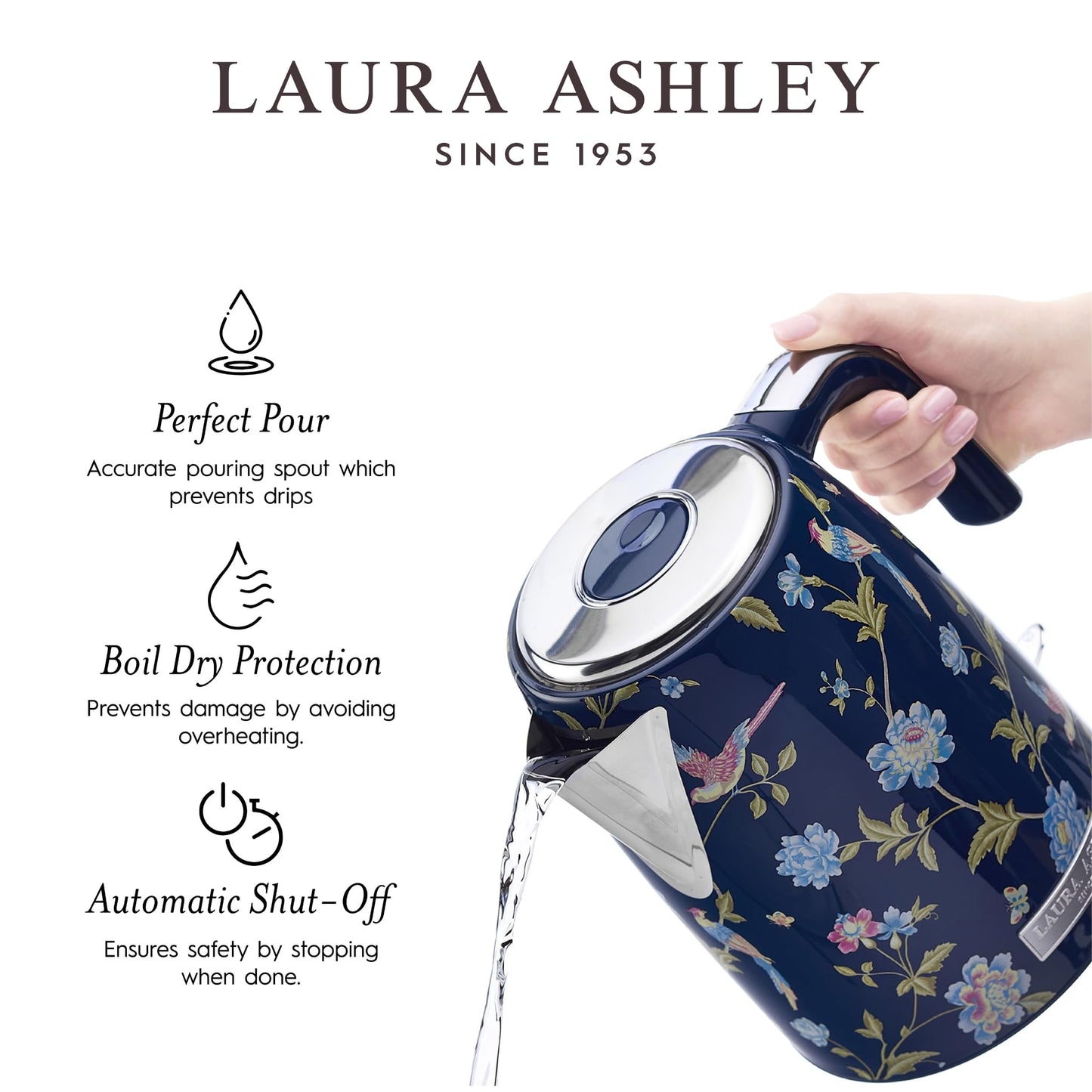 Laura Ashley Stainless Steel Electric Kettle 1.7 Liter - 1500W Rapid Boil Electric Kettles for Boiling Water - Electric Tea Kettles Automatic Shut Off - Overheat & Boil Dry Protection Jug Kettle