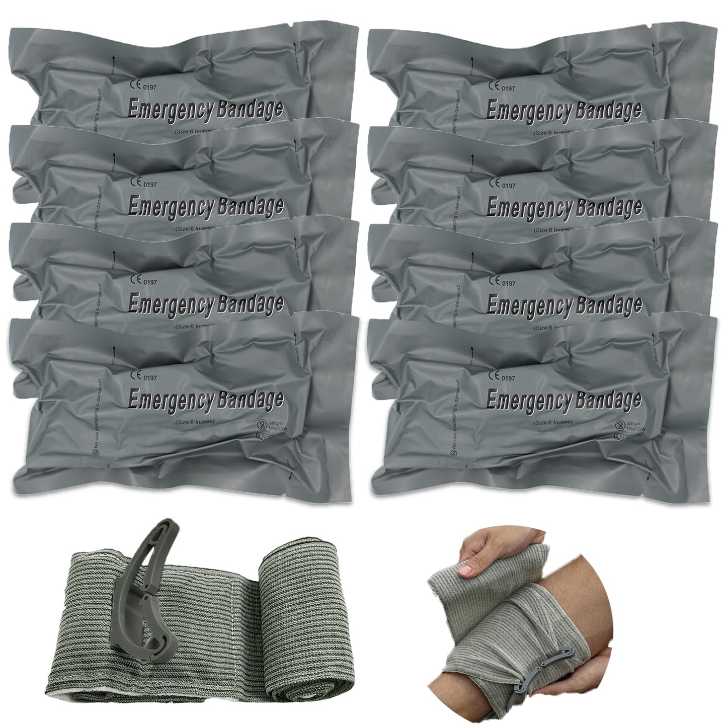 Upgrade Israeli Style Emergency Bandage, 8Pack 6 Inch Compression Bandage for Emergency Wound Dressing, First Aid and IFAK Trauma Military (6Inch-8Pcs)