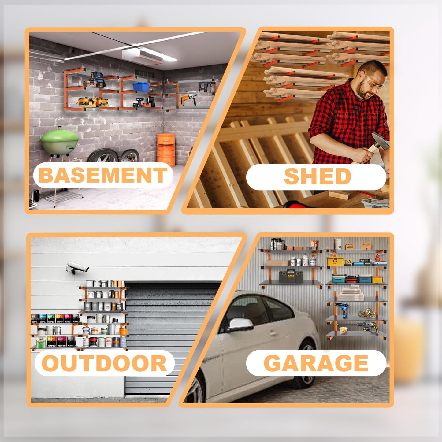 6 Pack Wall-Mounted Lumber Rack, Heavy Duty Wood Storage Racks, 9-Level System Garage Shelving, 1980 LBS Capacity Hanging Organizer Shelves, Orange Brackets Utility Metal Shelf for Indoor and Outdoor