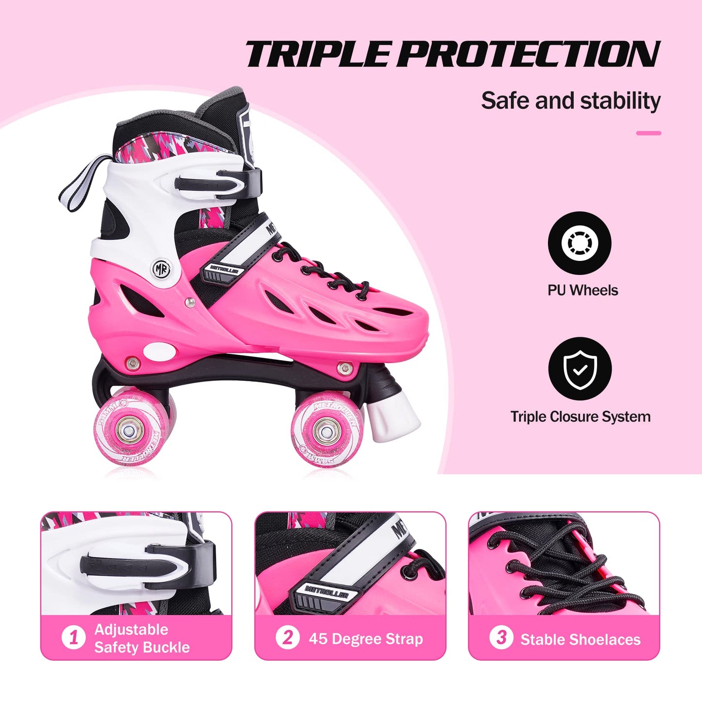 METROLLER Roller Skates for Girls and Boys Teens, Adjustable 4 Sizes for Kids Toddler Rollerskates with Light up Wheels, for Youth Women and Men