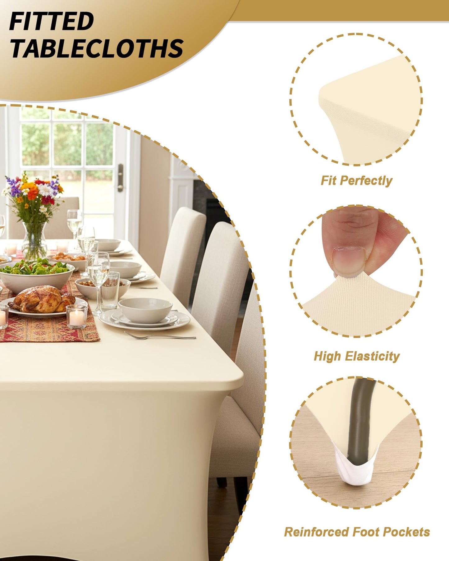 Fixwal 6 Pack 6Ft Ivory Table Cover, Spandex Fitted Tablecloths Rectangle, Wrinkle-Free and Stretch Folding Table Cloth for Banquet, Wedding, Party, Trade Show