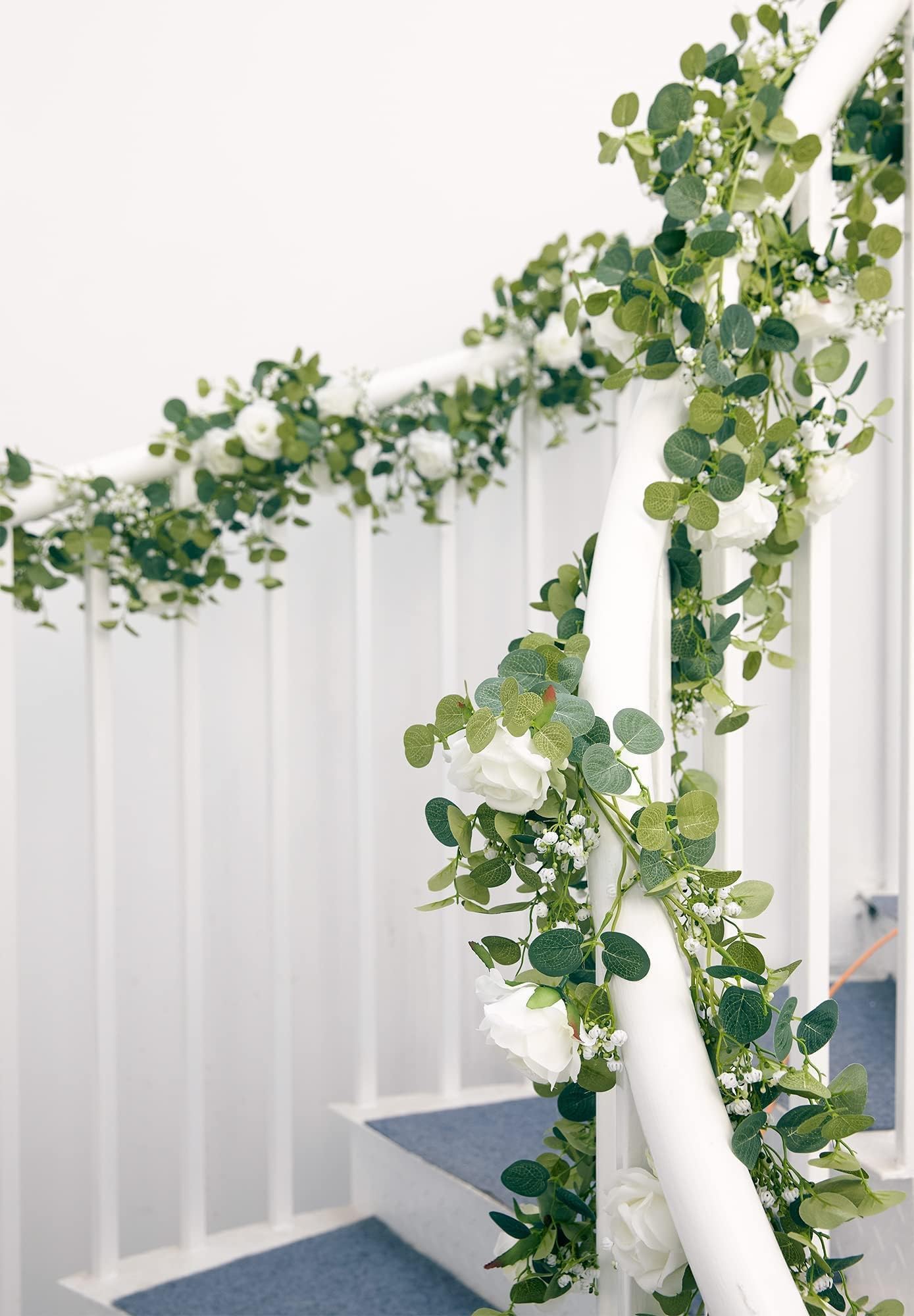 Anna's Whimsy 2PCS 5.91FT Artificial Eucalyptus Garland with Flowers, Fake Rose Gypsophila Garland, Faux Floral Greenery Garlands for Wedding Spring Home Party Table Runner Decor（White）