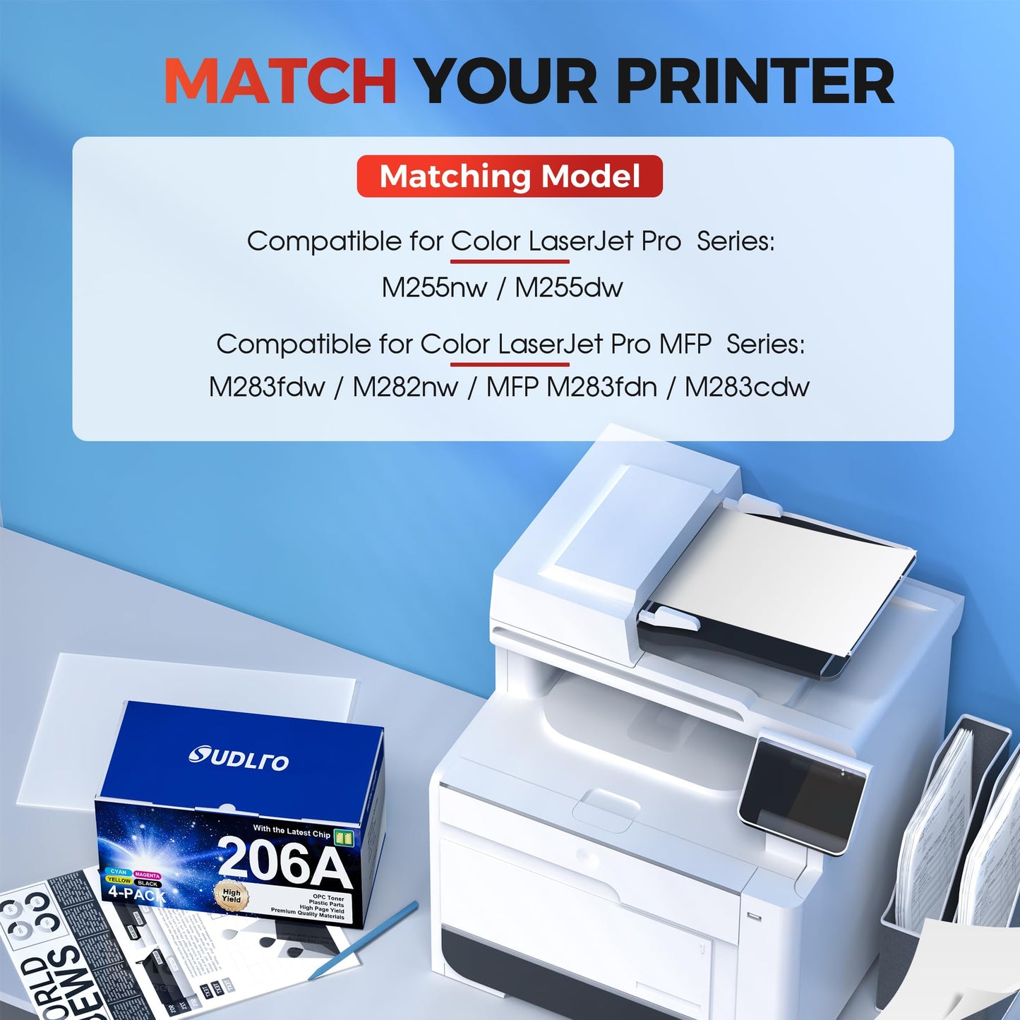 206A Toner Cartridges 4 Pack - M283cdw Toner Replacement for HP 206A HP 206X Toner Cartridges Work with HP Color Laserjet MFP M283fdw M283cdw M283fdn M282nw , Pro M255dw M283 | W2110A 206A Black