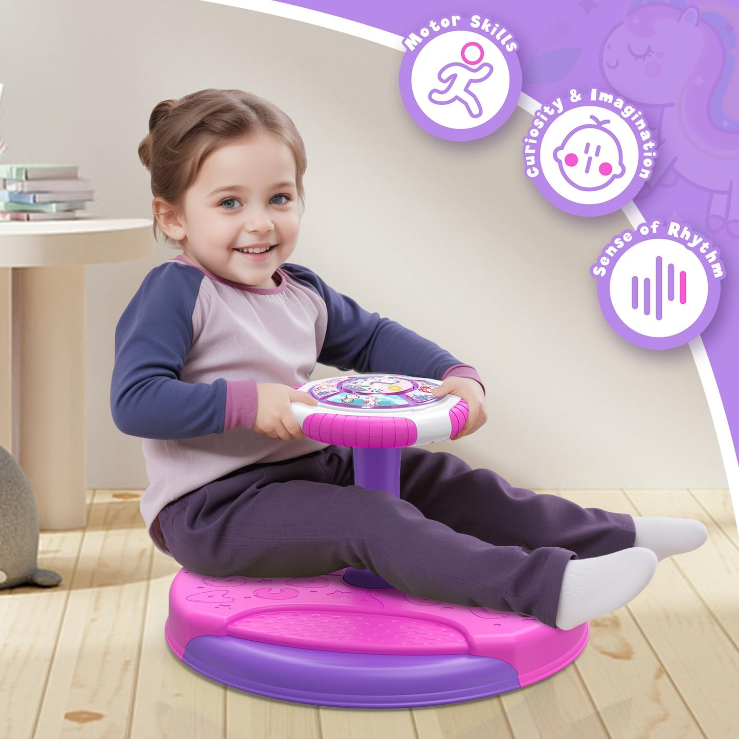 HYES Unicorn Sit and Spin Toys for Toddlers 1-3 Girls, 360° Toddler Spinning Seat with LED Lights and Music, Sensory Toys Birthday Gift for Kids 3-5