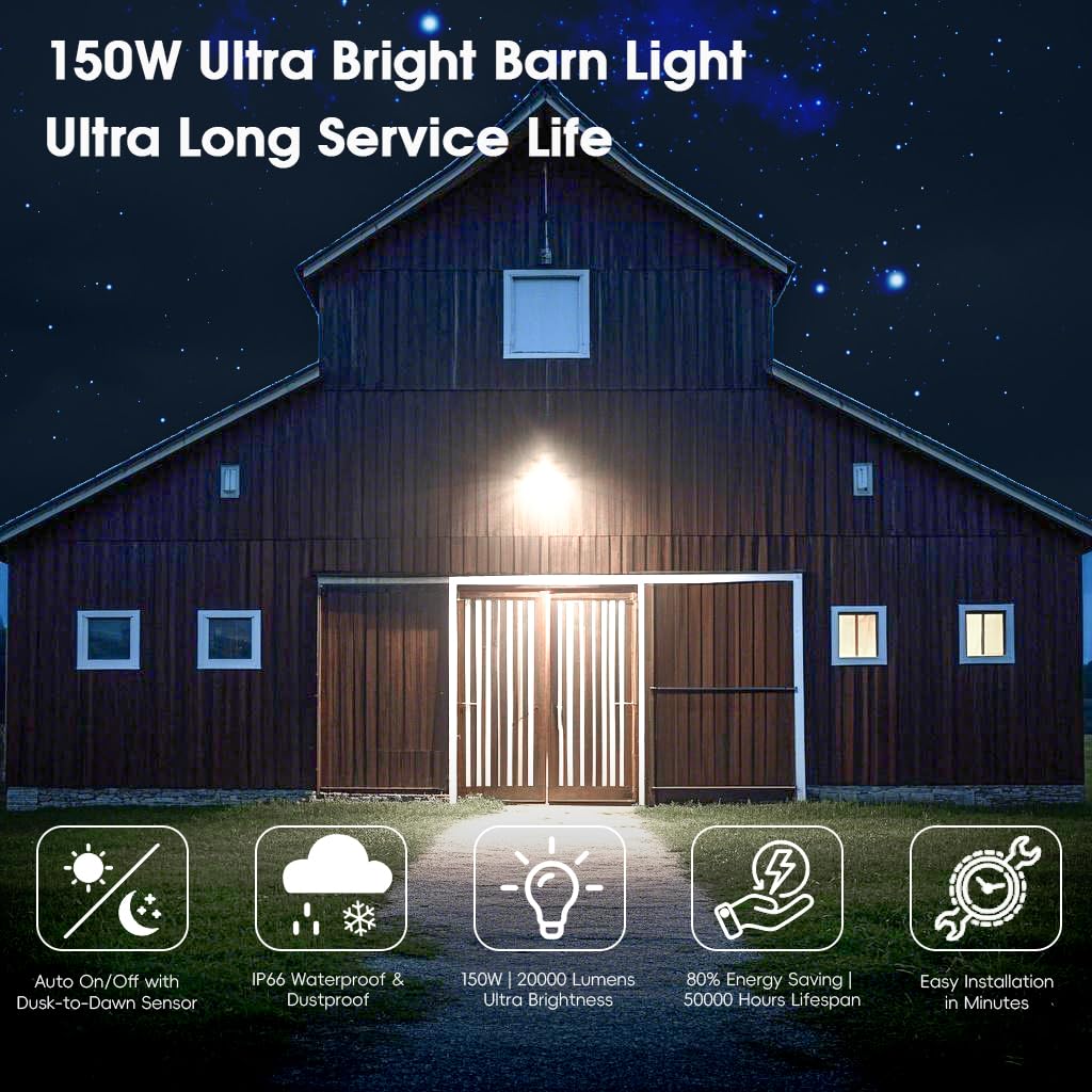 MOONTIP 150W 2 Pack LED Barn Light 20000LM Dusk to Dawn Outdoor Lighting with 150° Adjustable Photocell 6500K Daylight Yard Lights, IP66 Waterproof Area Street Light for Farmhouse Barns Warehouse