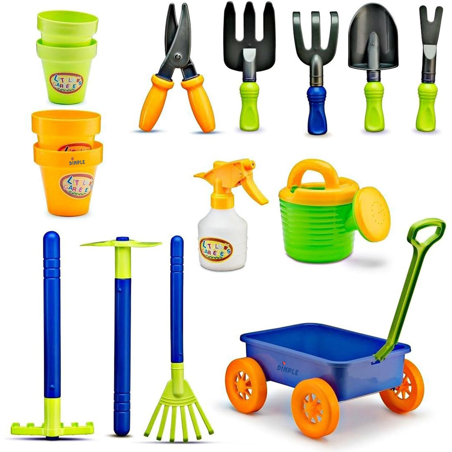 Dimple Garden Wagon & Tools Toy Set Premium 15 Pcs Kids Gardening Tools & Wagon Toy Set - Sturdy & Durable - Top Yard, Beach, Sand, Garden Play Set - Great for Kids & Toddlers