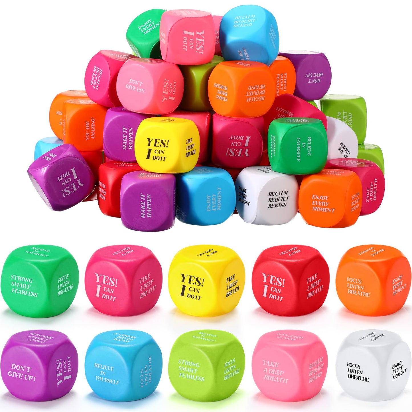 Jerify 100 Pcs Motivational Foam Cubes Stress Ball with Quotes, Square Dice Shaped Foam Stress Relief Toys for Fidget Kids Adults Classroom School Supplies Learning (Cute Colors)