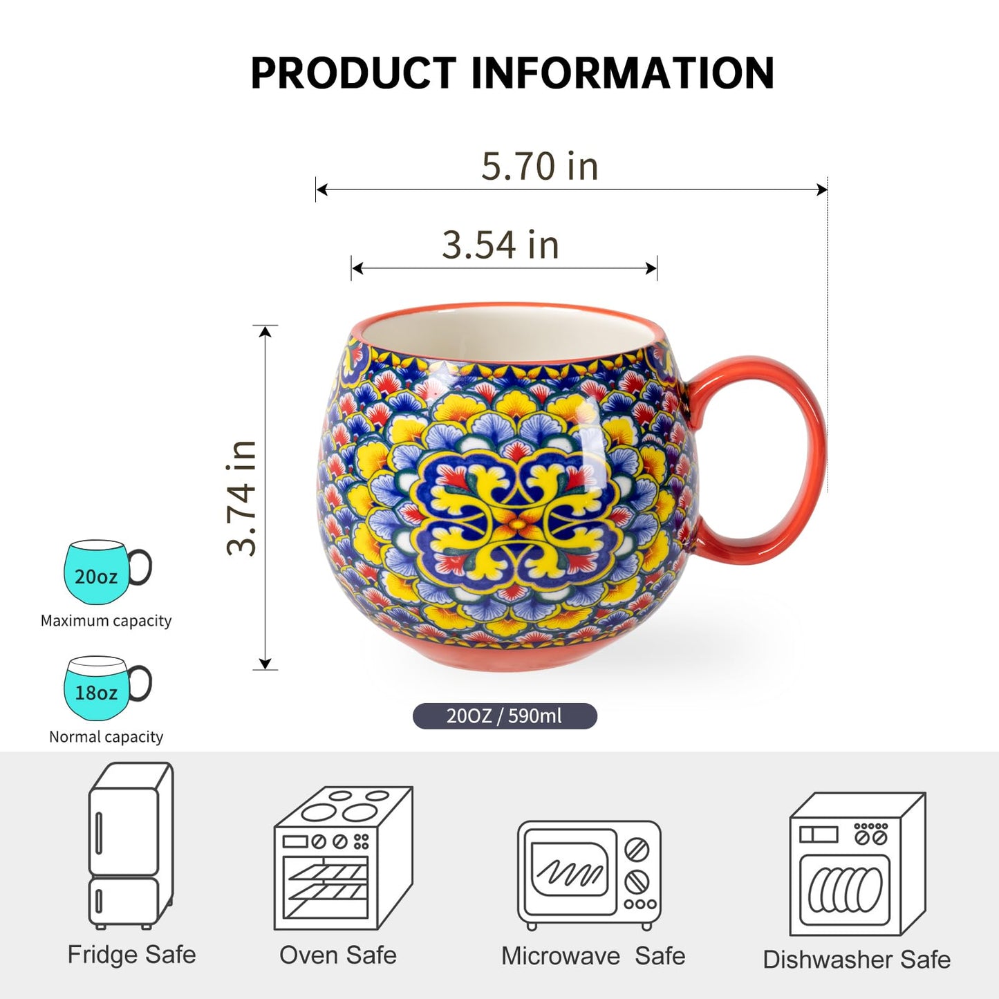HENXFEN LEAD Boho Ceramic Coffee Mugs Set of 6, 20 oz Large Cups for Tea, Latte, Hot Chocolate & Soup – Microwave & Dishwasher Safe