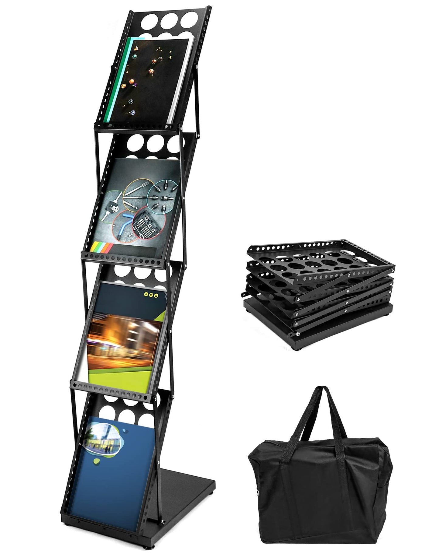 QWORK Magazine Brochure Display Rack Stand, 4 Pocket Foldable Literature Catalog Rack Book Holder Tradeshow Display Stand, for Office Store and Exhibition Trade Show (Black)