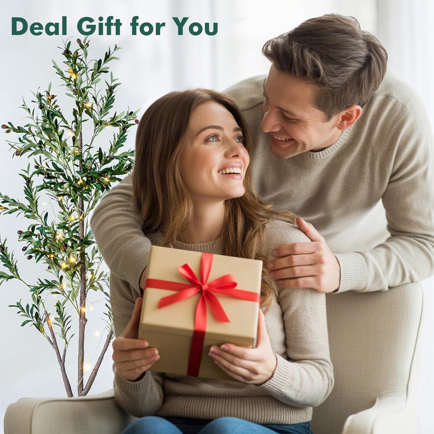 Olive Trees Artificial Indoor, 5FT Tall Faux Olive Tree with Lights Moss and Planter, Artificial Plants Indoor with Natural Wood Trunk and Lifelike Fruits, Fake Tree for Home Office Living Room Decor