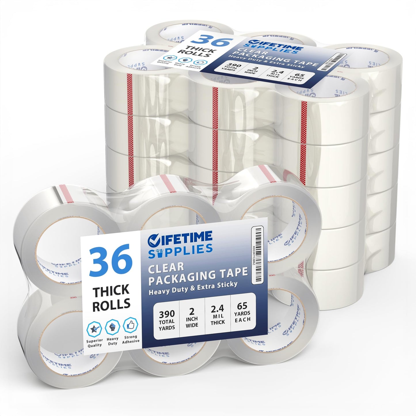 Lifetime Supplies 36 Rolls [Upgraded] Clear Premium Packing Tape, 65 Yards, 2.2 mil, Heavy Duty Packaging Tape for Shipping, Moving, Sealing - Stronger & Thicker