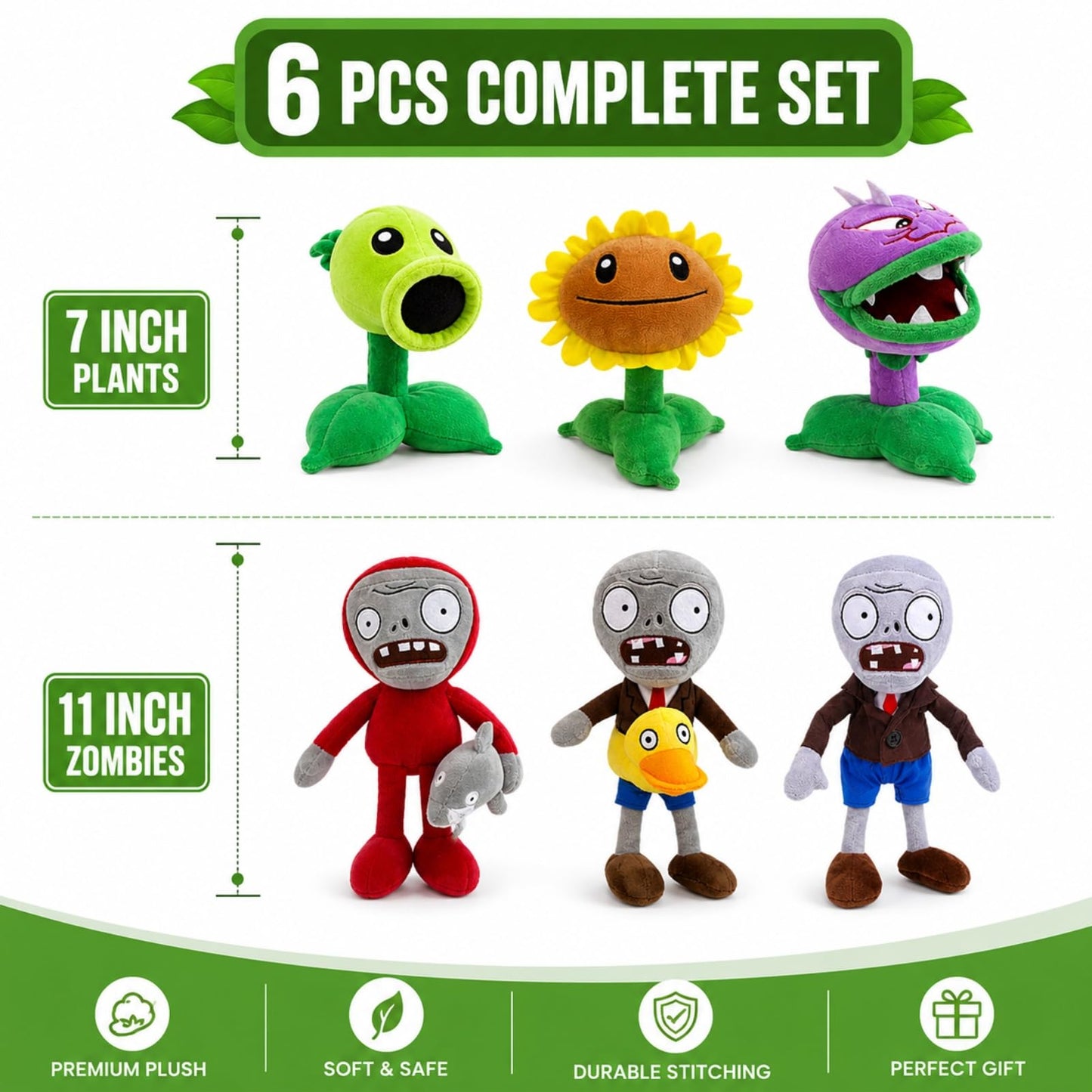6Pcs Plants vs Zombies Plush Toys Zombie Sets,Ducky Newspaper Dolphin Zombie,Sunflower Chomper Peashooter Plant Soft Plants vs Zombies Toys PVZ Plush 1 2 for Birthday,Party,Halloween & Christmas