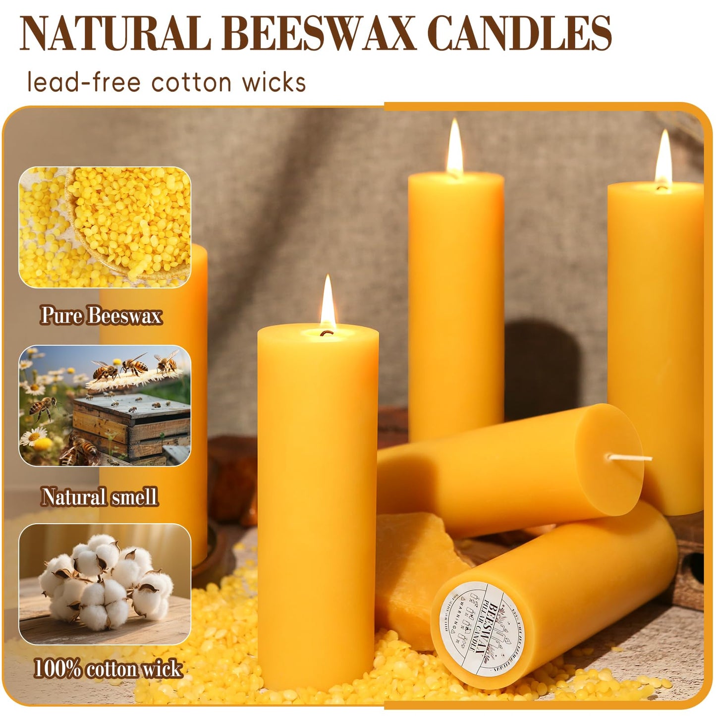 6 Pack Natural Beeswax Pillar Candles,360 Hours Long Burning Unscented Beeswax Candles,100% Pure Bees Wax Candles for Home,Emergency,Dripless Pillar Candle Bulk,2x6in