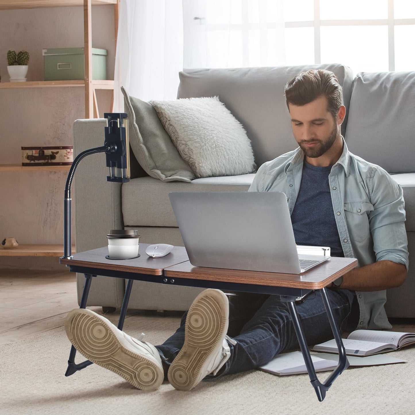 wishacc 28.7" Extra Wide Laptop Lap Desk for Bed and Sofa, Adjustable Bed Desk with Flexible Phone & Tablet Mount, Portable Black Lap Tray Table for Floor Couch Work, 2 Book Clips Included