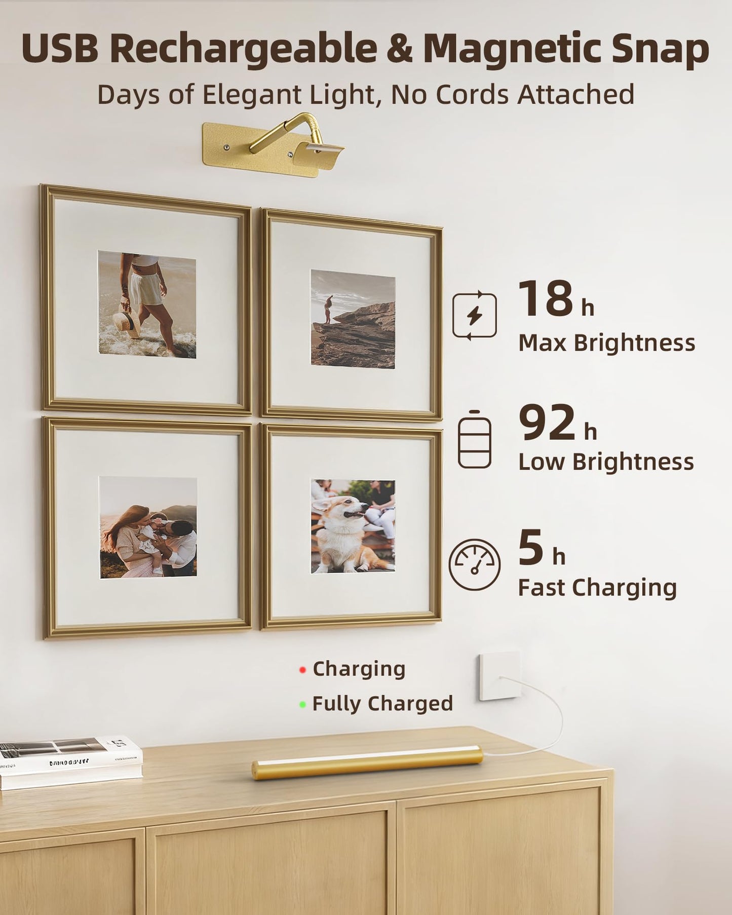 EZVALO Picture Lights for Wall, 16" Rechargeable 6000mAh Painting Lights with Remote, Wireless Dimmable 3 Color Temps Art Lights for Gallery, Living Room, Hallway (Gold, 2Pack)