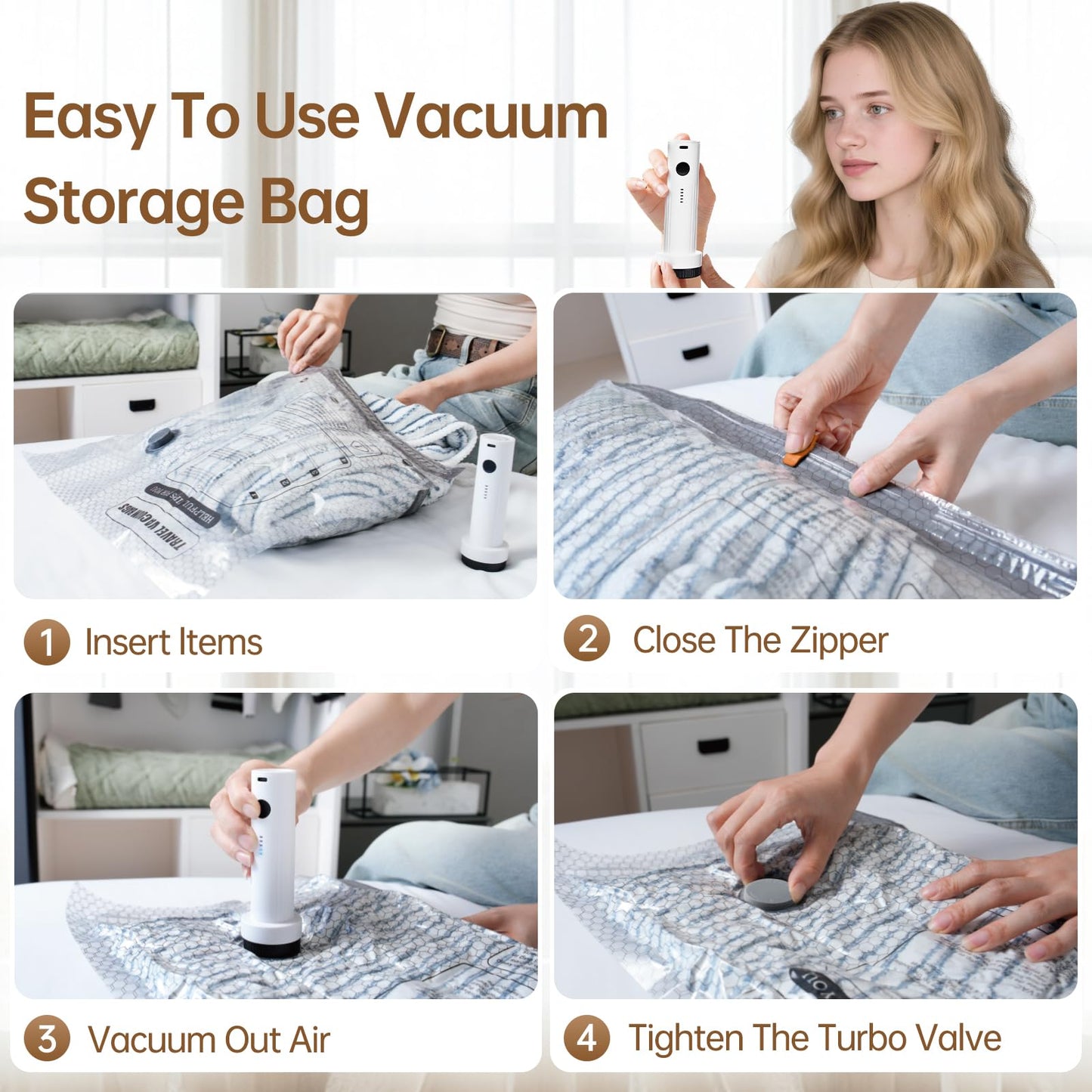 Vacuum Bags for Travel with Wireless Rechargeable Pump, 15 Pack Carry-on Size Compression Packing Seal Bags for Luggage and Suitcase, Space Saver Vacuum Storage Bags for Clothes and Clothing Travel