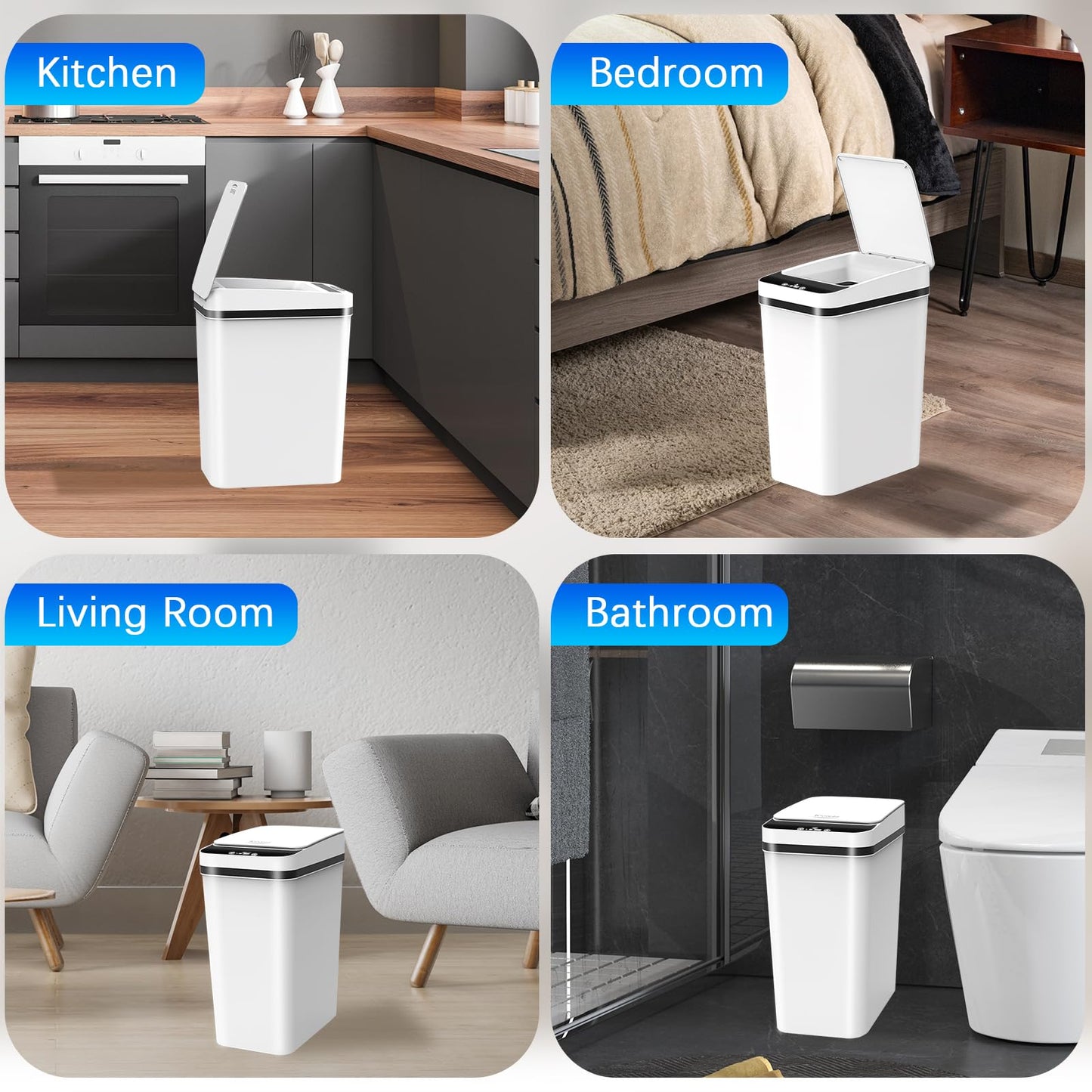 3 Pack Automatic Small Bathroom Trash Can with Lid - 2.5 Gallon Touchless Garbage Can, Motion Sensor Smart Trash Bin, Slim Dog Proof Trashcan, Waterproof Wastebasket for Bedroom Office Kitchen (White)