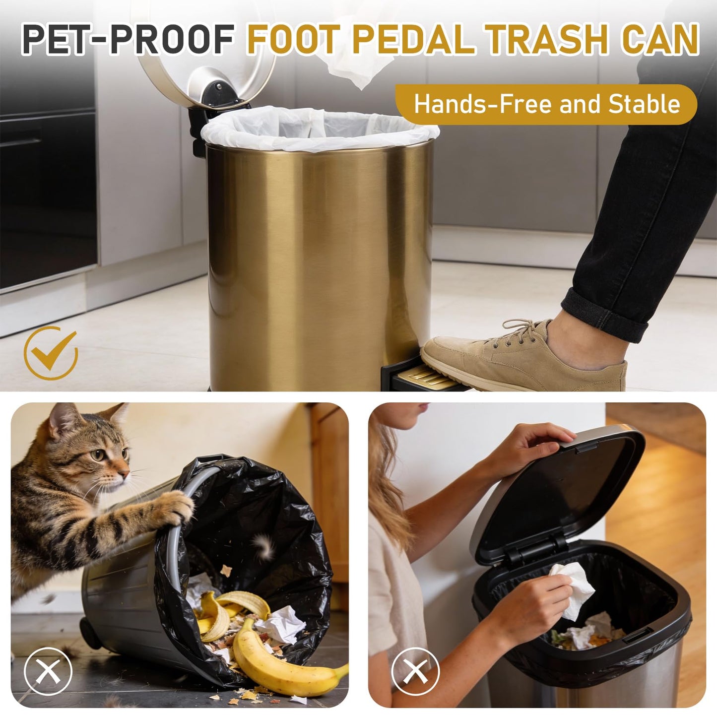 SIMPLYKLEEN Bathroom Trash Can with Lid - 2PC 1.3 Gallon/ 5L Oval Small Trash Can with Soft-Close Lid, Foot Pedal, Brushed Stainless Steel, Removable Liner, Garbage can for Kitchen, Office, Home Gold