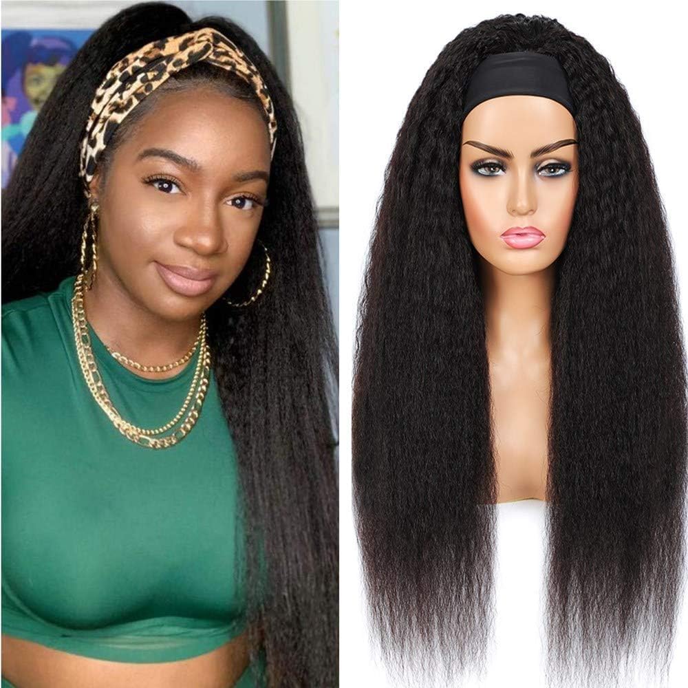 Kinky Straight Headband Wigs Human Hair For Black Women 12A 180 Density Yaki Straight Human Hair Headband Wig Half Wigs For Black Women Headband Human Hair Wig Natural Black 18 inch