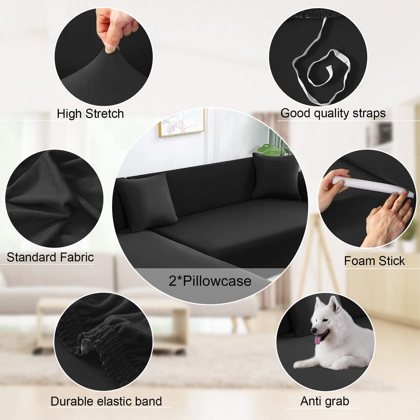 NAISI Couch Cover L Shape 2 Pieces Sofa Cover Soft Stretch Slipcovers with 2pcs Pillowcases Furniture Protector Sectional Couch Covers 3 Seater + 3 Seater(Black)