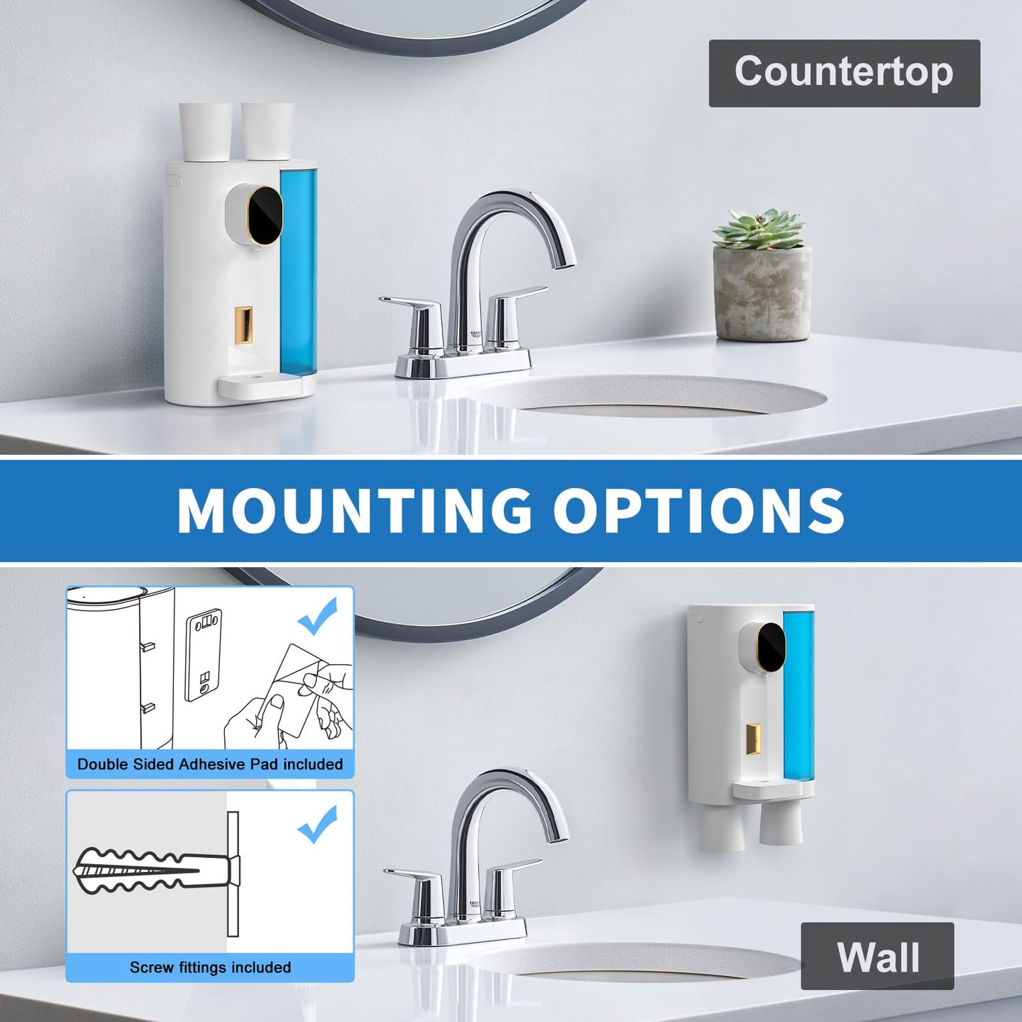 Automatic Mouthwash Dispenser 20.3 oz Touchless for Bathroom, 4 Dispensing Levels, Magnetic Cup, USB Rechargeable, Wall/Countertop, Kids Adults - Bathroom Accessories