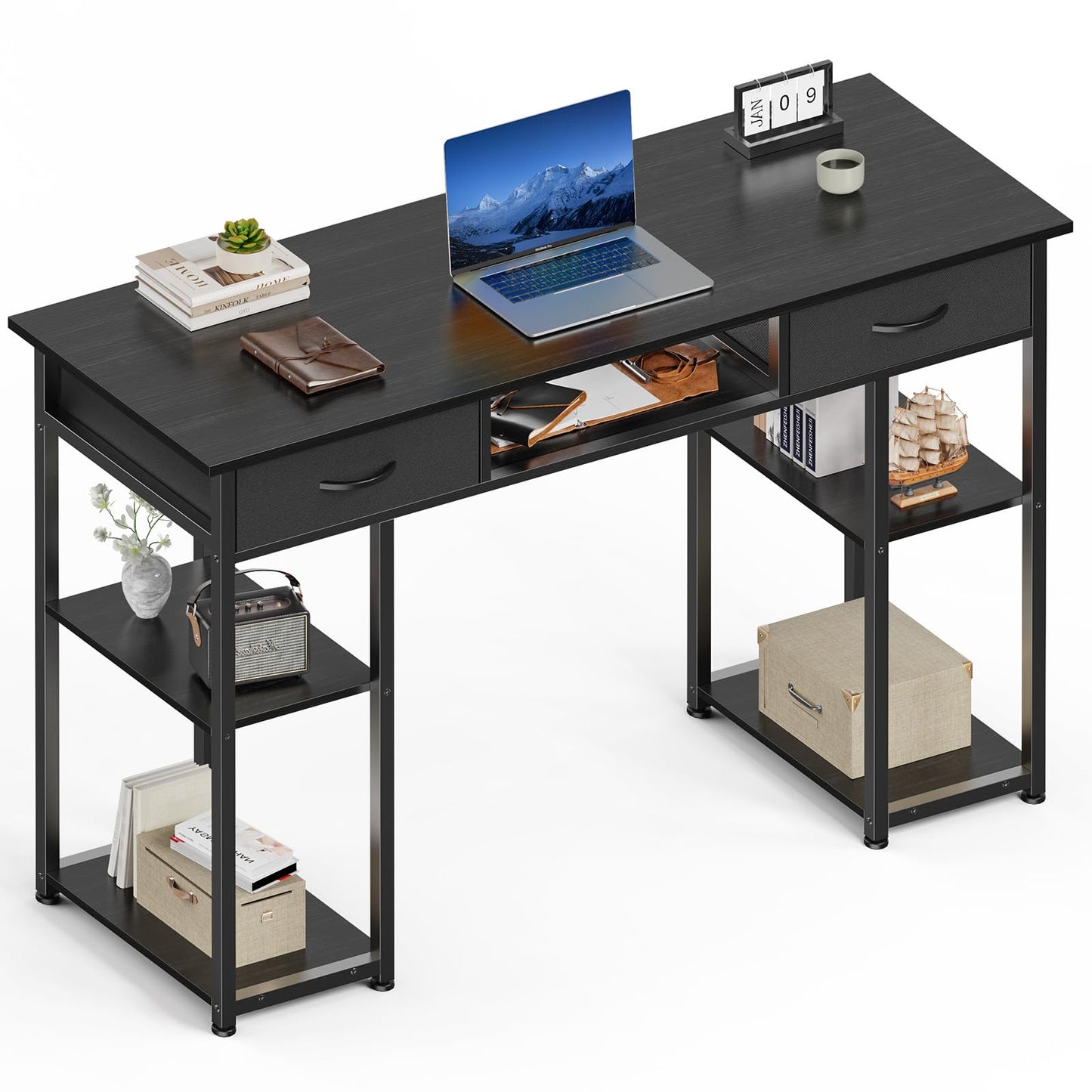 Sweetcrispy Computer Gaming Desk with Drawers- 48 Inch Home Office Bedroom Writing Study PC Table with Storage Shelves, Metal Frame Adjustable Feet, Pure Black