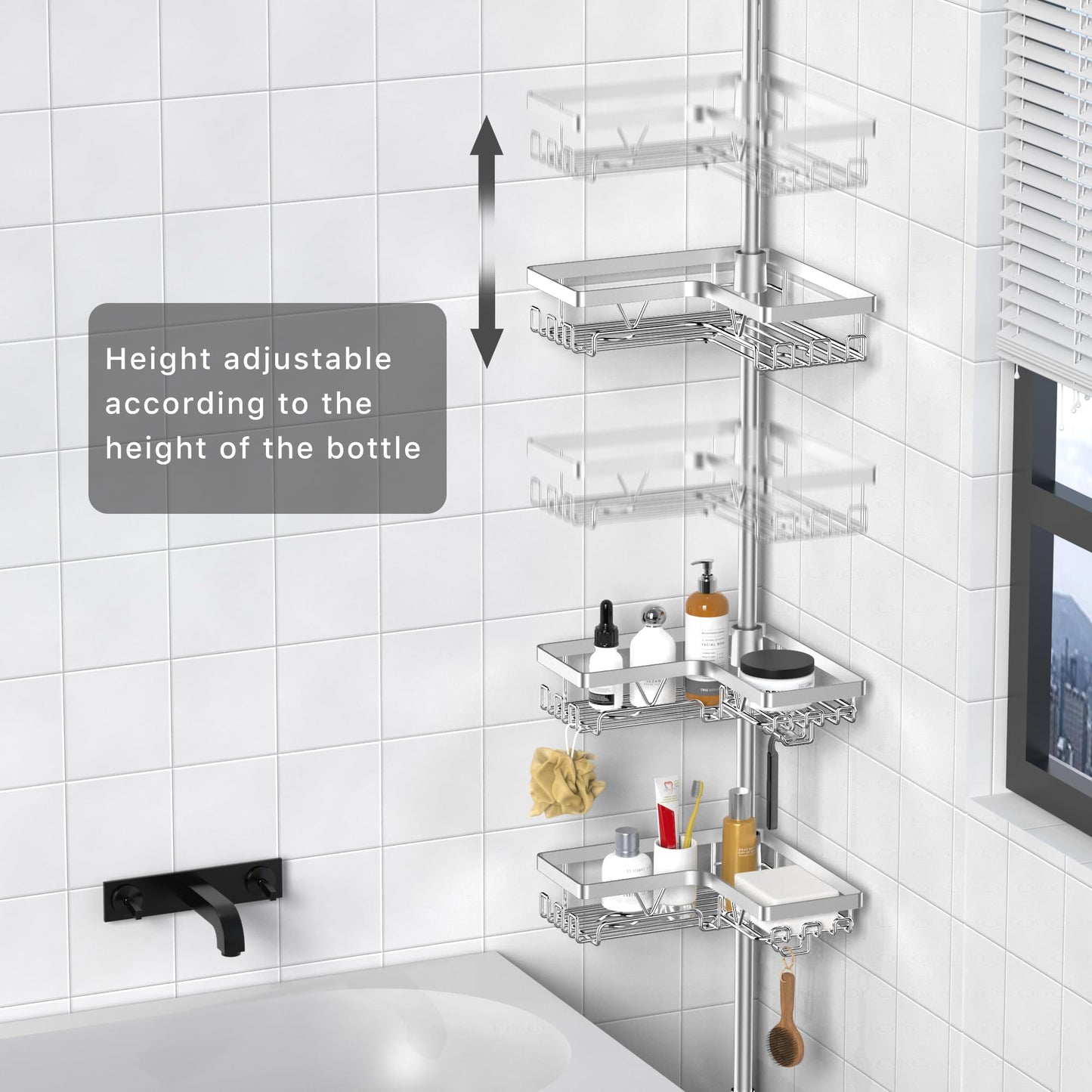 KEGII SUS304 Corner Shower Organizer, Stainless Steel Tension Pole Corner Bathroom Caddy, No Drilling Required Adjustable Shower Shelf for Inside Showers, Silver