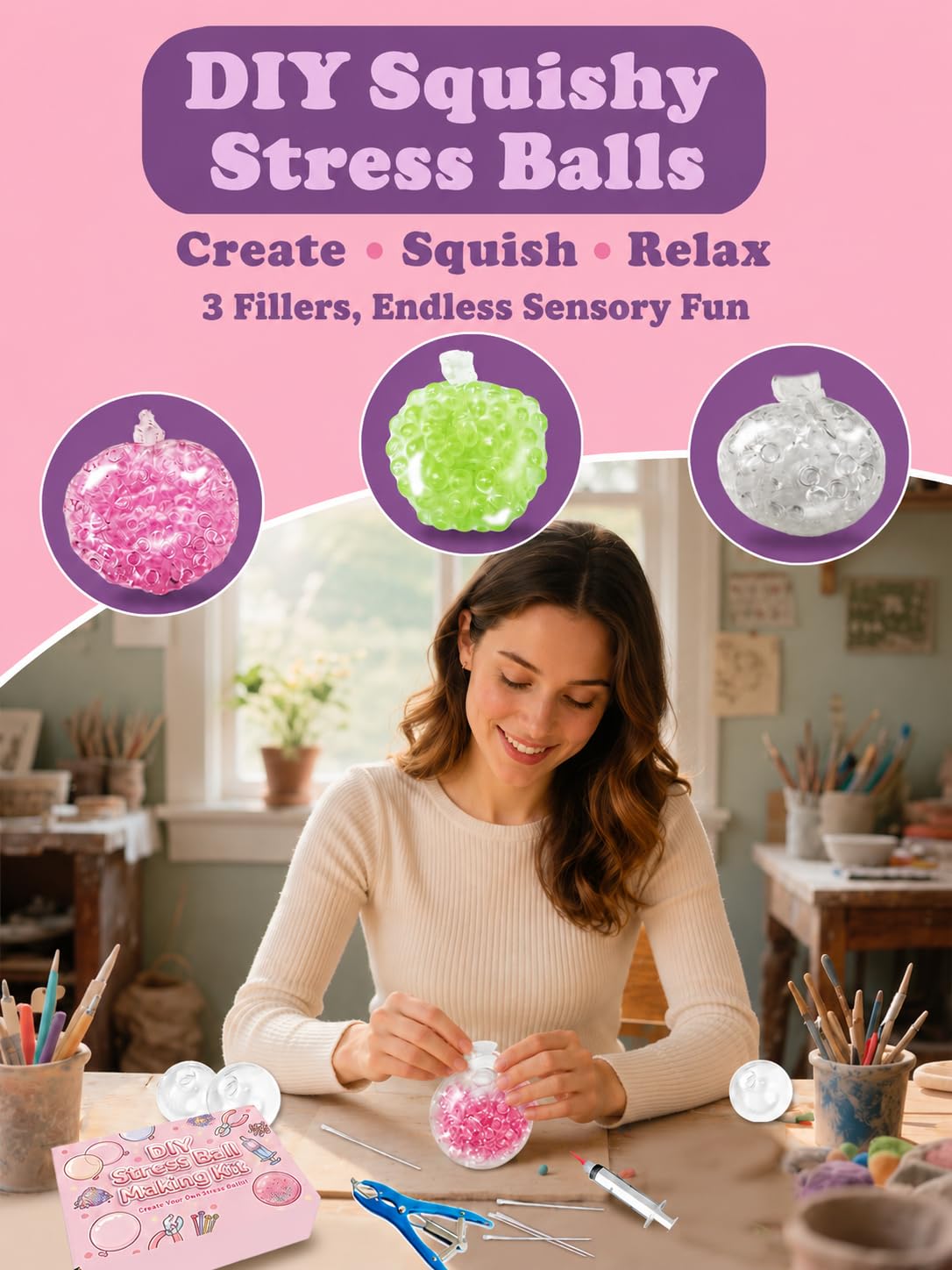 DIY Stress Ball Making Kit, Squishy Make Kit with 15 TPR Ball Skins, 9 Types of Fillers, Air Pump, Vacuum Tool, Plugs & Cable Ties, Make Your Own Squishies for ASMR Anxiety Relief Sensory Fidget Toys