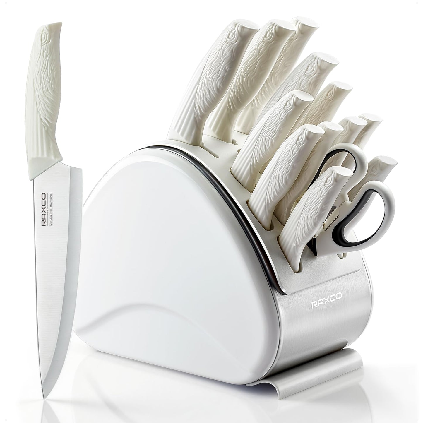 RAXCO 12-Piece Kitchen Knife Set with Block, White