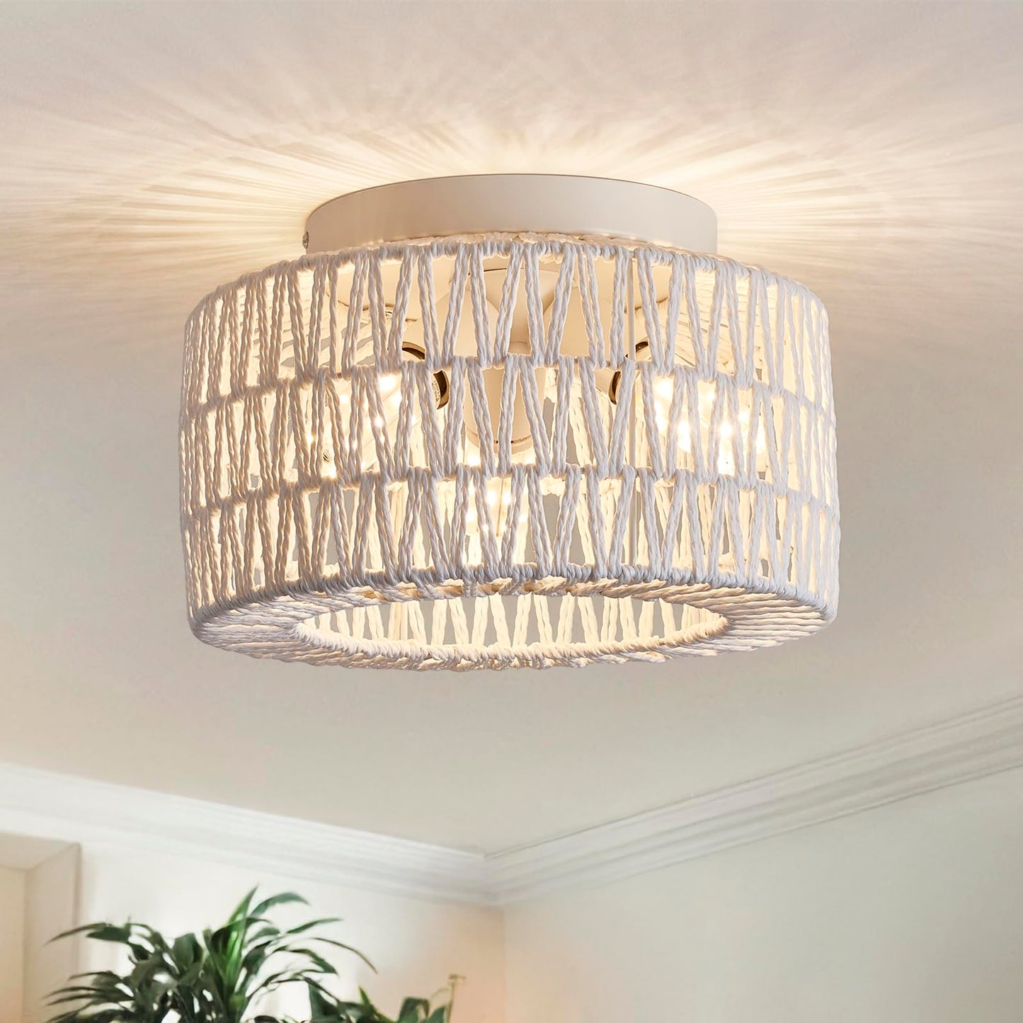 Rattan Light Fixtures Ceiling Mount, 3-Lights Boho Flush Mount Ceiling Light, Hand-Woven Cage Shade Lamp Lighting, Rustic Rattan Chandelier for Hallway Bedroom Kitchen Farmhouse Foyer Entryway (White)