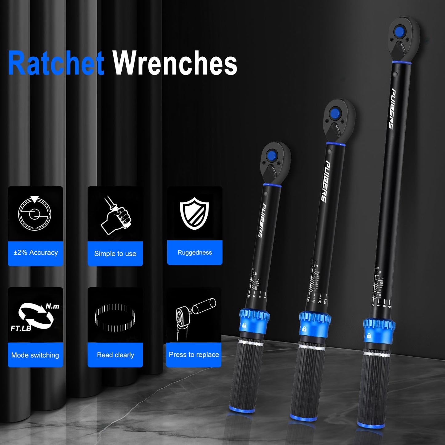 PUIBERS Torque Wrench Set 1/2 3/8 1/4 inch Drive Click, 3Pcs Torque Wrenches 10-170 FT.LB,5-50FT.LB,20-240IN.LB, Inch pound Torque Wrench with 3 Pcs Adapter for Bike,Car, Truck,Tractor