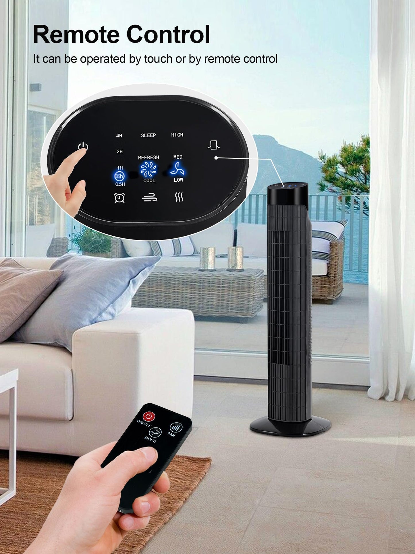 Uthfy Tower Fan for Bedroom, 120° Oscillating Standing Fan with Quiet Sleep Mode, 3 Speeds & 3 Modes, 7.5H Timer, Remote/Touch Control, Bladeless Floor Fans for Living Room, Office, Black