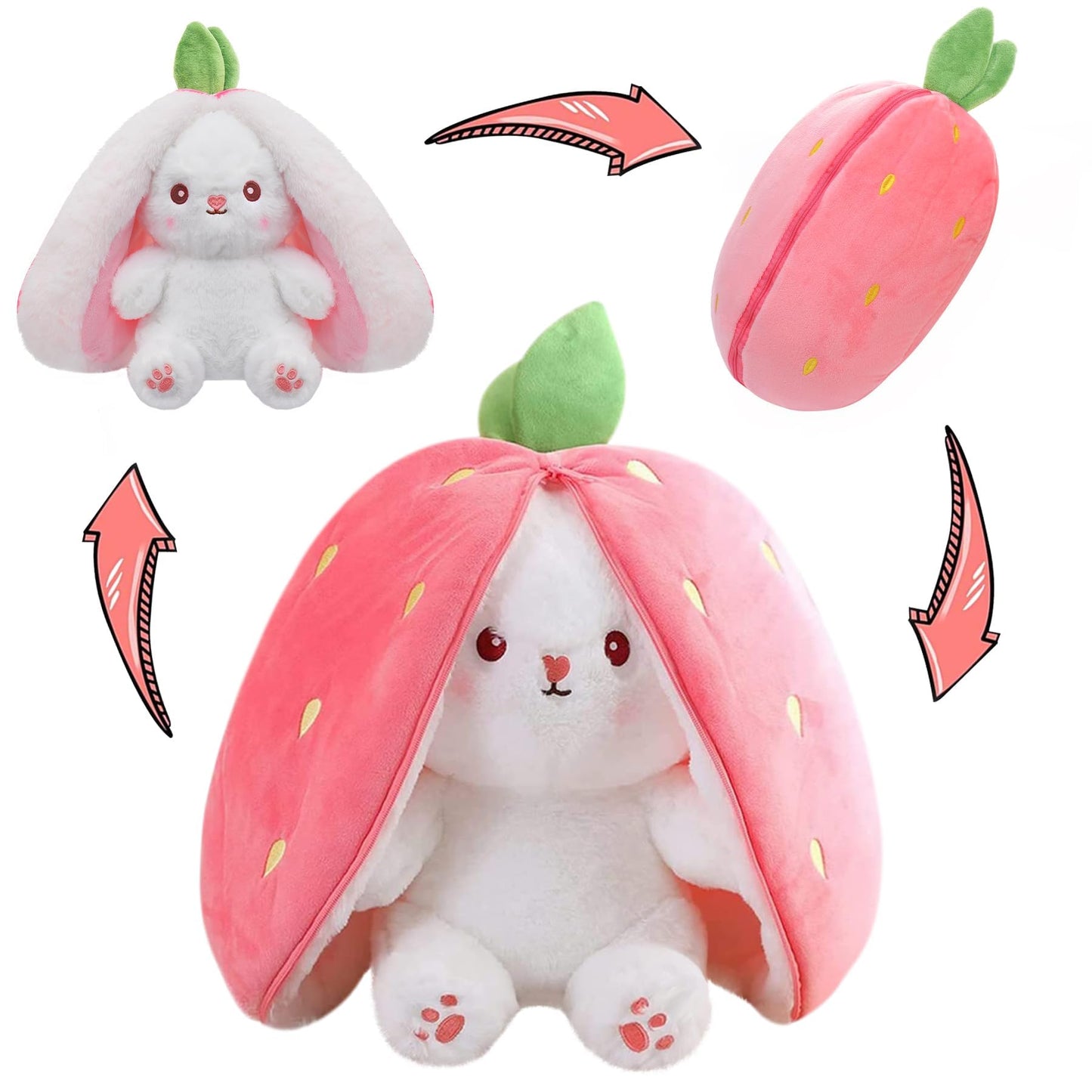MIAODAM 13.7inch Large Easter Bunny Stuffed Animal, Kawaii Squishy Cute Easter Bunny Plush Turn Into Rabbit Fruit Doll Carrot Strawberry Pillow, Plushies Funny Bunny Toy for Baby Gifts for Girlfriend