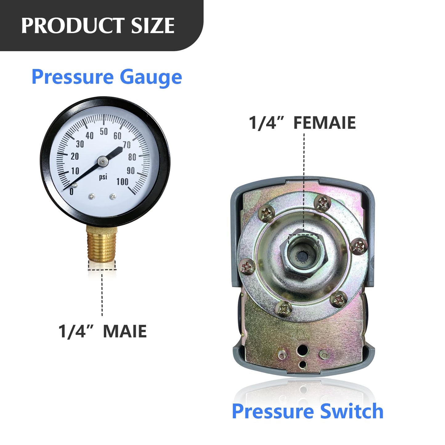 Pressure Tank Tee Kit 1"x 11" with 40-60psi Well Pressure Switch and Pressure Gauge Water Pressure Tank Kit, Brass, fit Most Tanks with Diameters up to 16"