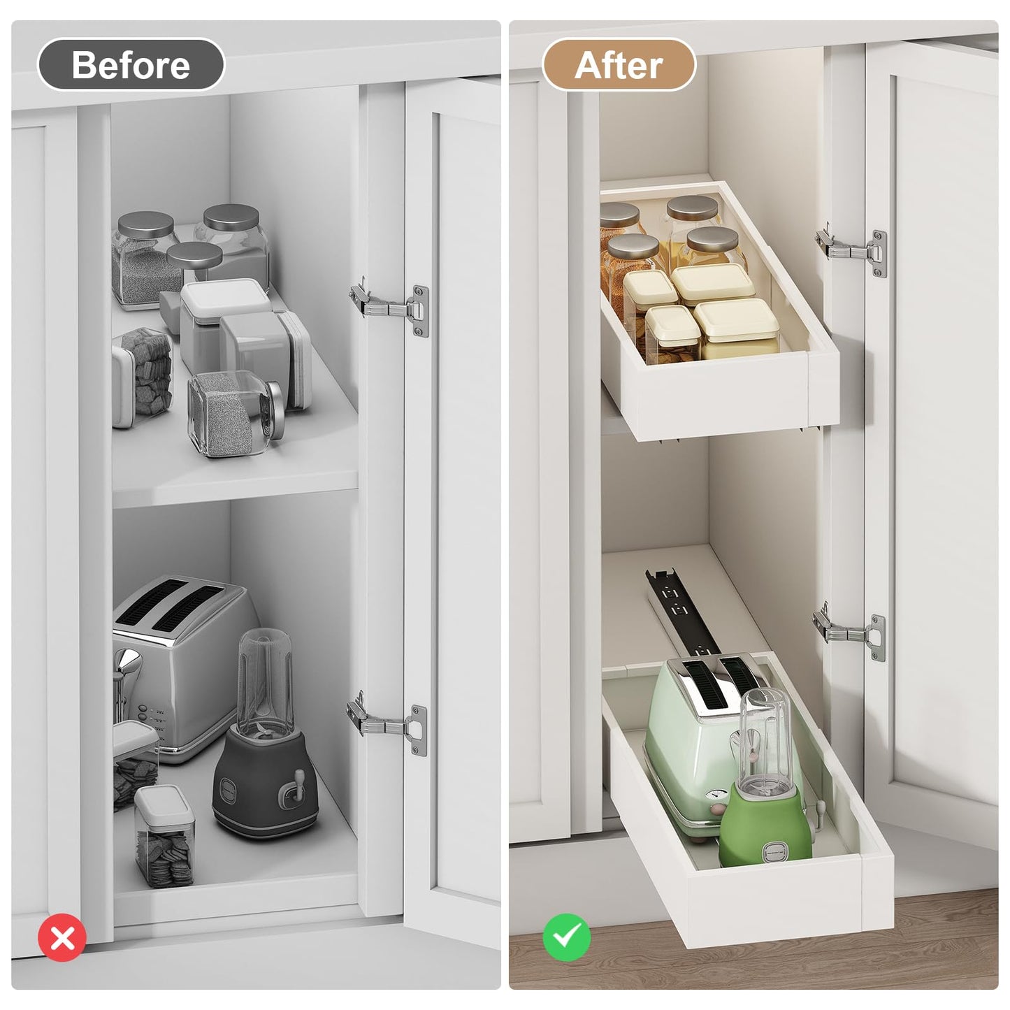 Pull out Cabinet Organizer,Width (7"-11") and Depth (17"-24") Expandable,No Drill Adjustable Slide out Drawers for Kitchen,Pantry,Adhesive Roll out Shelves,for Cabinets Without Lip,White