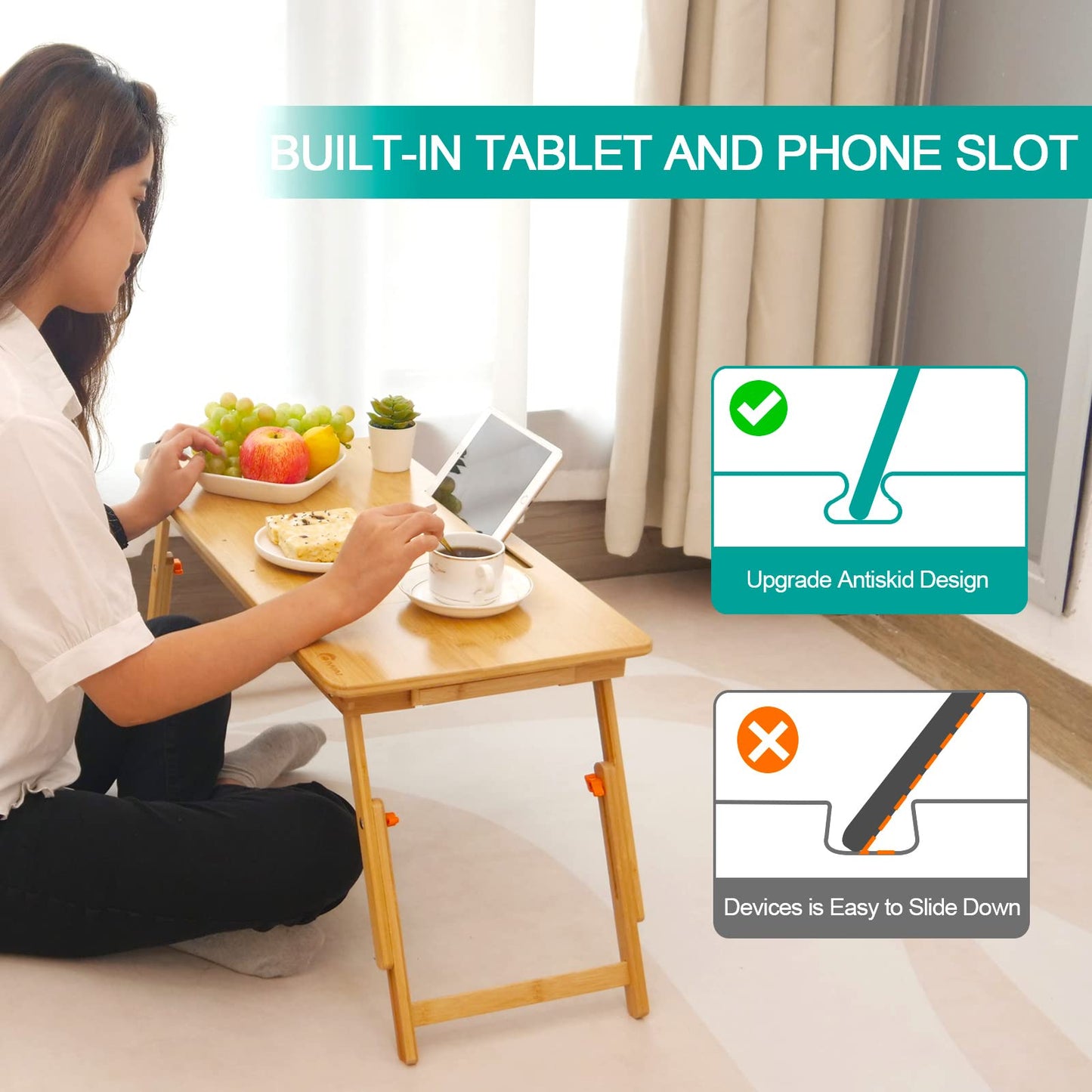 Lap Desk COIWAI Laptop Table Bamboo Writing Eating Bed Tray Adjustable Angle Height Foldable Desk Tray with Tablet Slot Drawer Breakfast Coffee Tea Table for Sofa Couch Floor Large Size