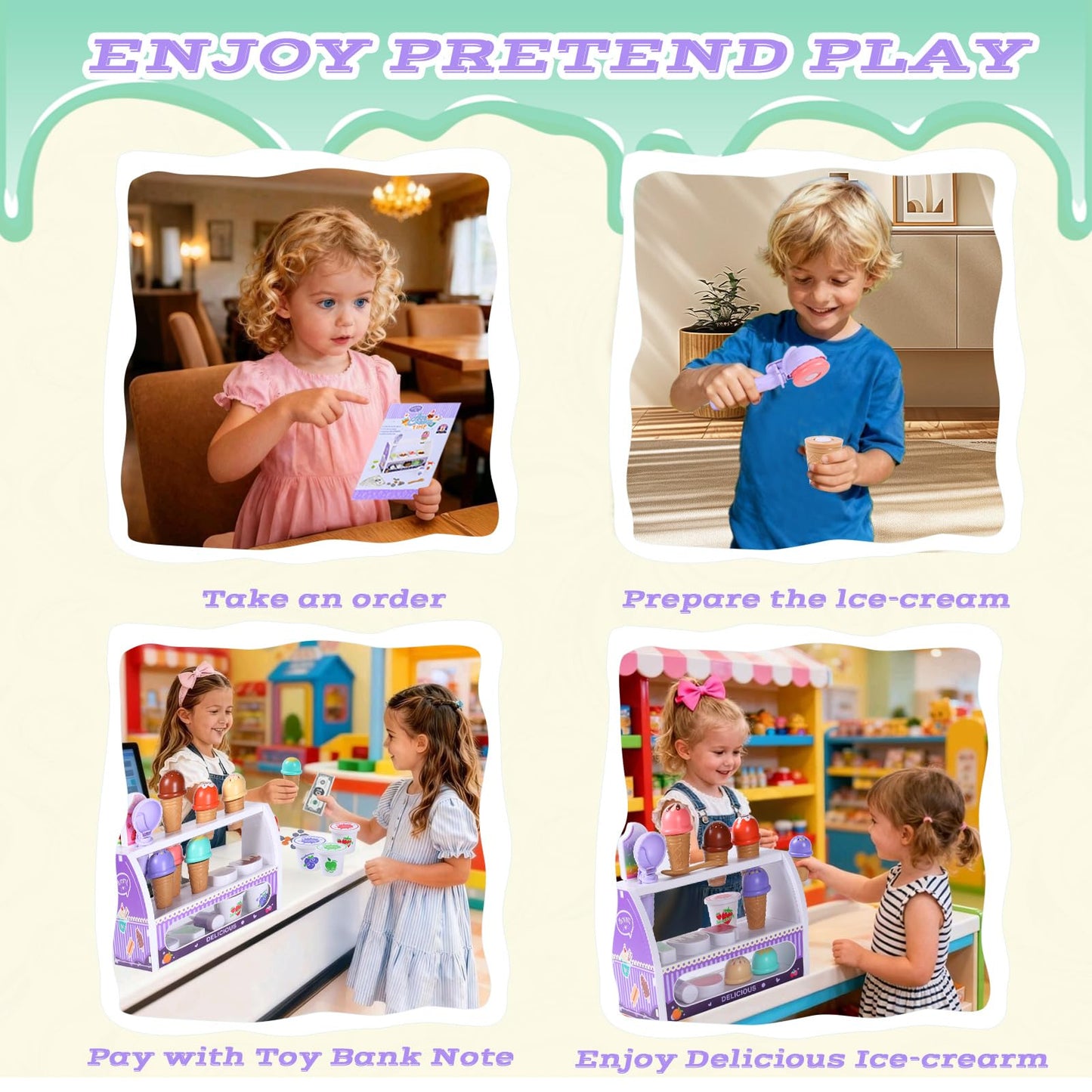 FENYAN - Ice Cream Set, Play Tent for Kids Ages 3-5, Assorted Flavors, Ice Cream Shop with Menu and Fake Money, Preschool Ice Cream Toys for Kids Age 3-8, Gift from