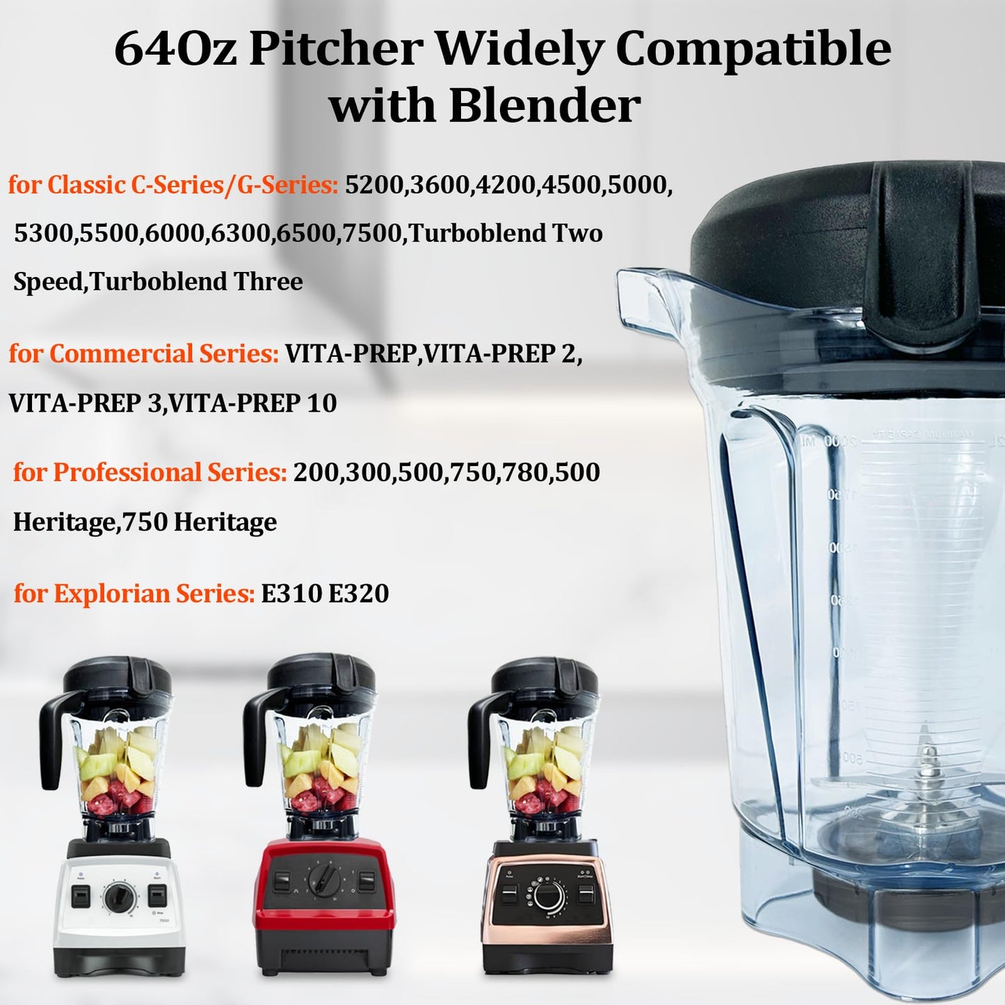 Blender Pitcher 64 oz Low-Profile Clear, Replacement Container for 5300, 6500,750,7500, 5200, 6000, 6300,VM0102, VM0103, VM0197, G/Propel/Professional Series etc., 2-year warranty