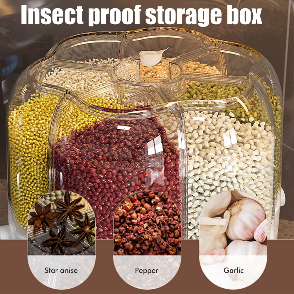 Enfudid Food Grain Storage Container Large Capacity 6-Grid Rice Dispenser, Rotatable Sealed Grain Food Storage Box Rice Bucket Dry Food Fruit Box Kitchen Storage Bucket for Home Kitchen- White 14.3LB