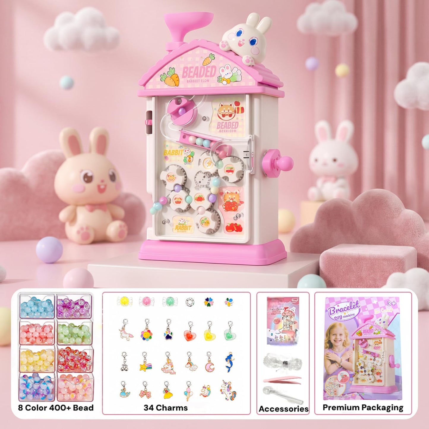 MAGTHIC 2-in-1 Beads Bracelet Maker Machine & Hand-Crank Bunny Toys, Charm Jewelry Bracelet Making Kit 420+ Quick Easy 5min with Storage, DIY Friendship Bracelets for Girls 6-12 Birthday Xmas Gifts