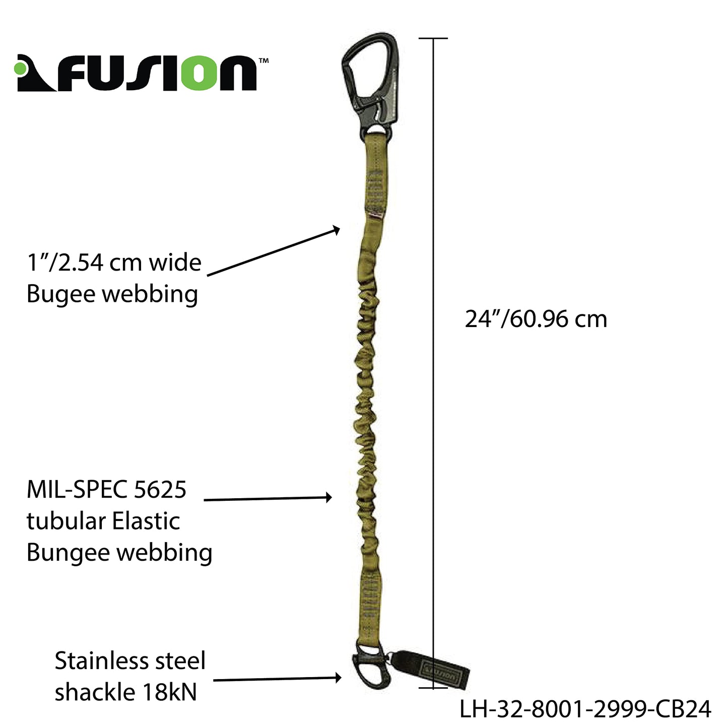 Fusion Tactical Military and Police Helo Lanyard - 2ft Elastic Bungee with Snap Hook Shackle, 23kN - Coyote Brown, 24 inches